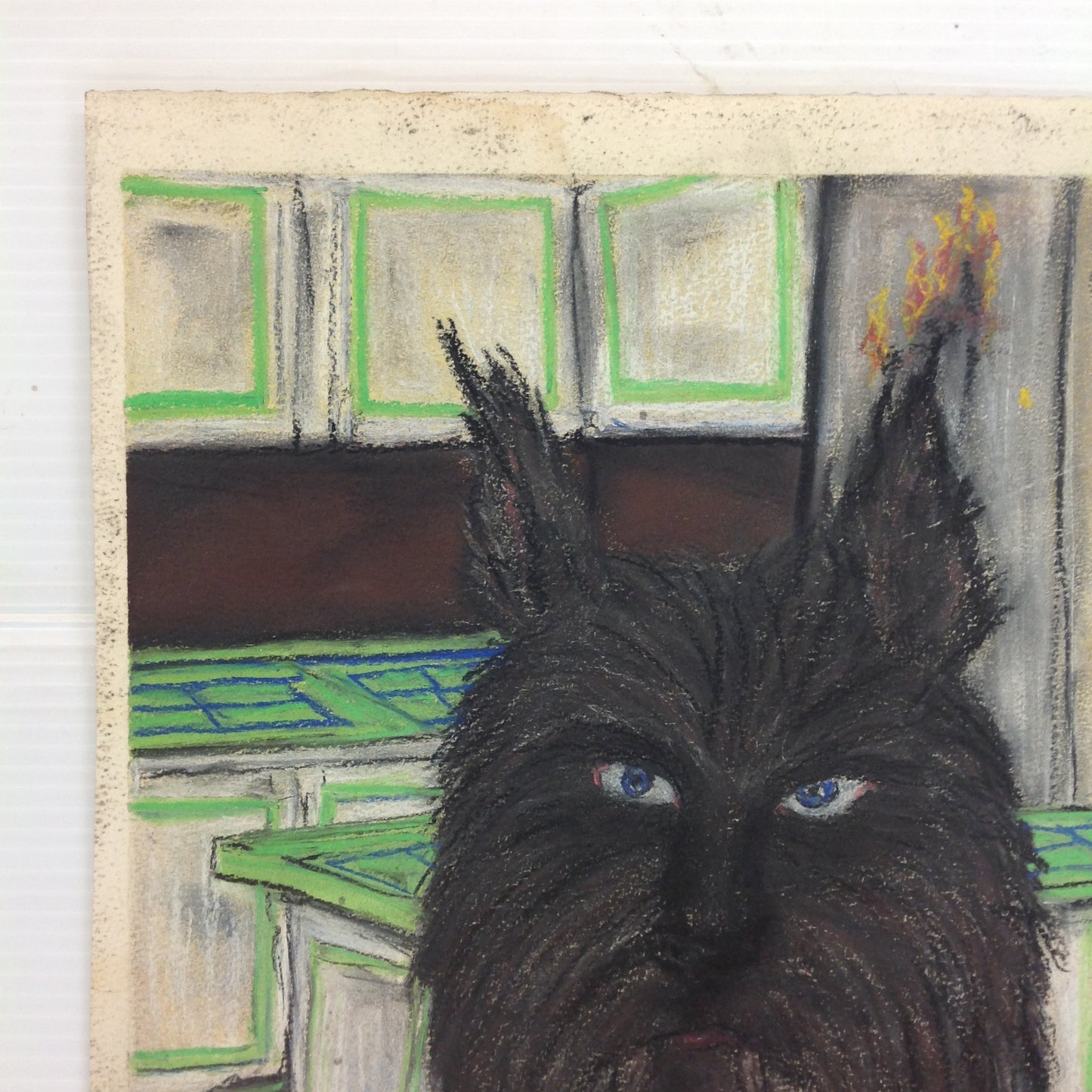 Vintage 1992 Folk Art Surruralism Pastel Drawing on Paper "Kitchenwolf" Retlaw