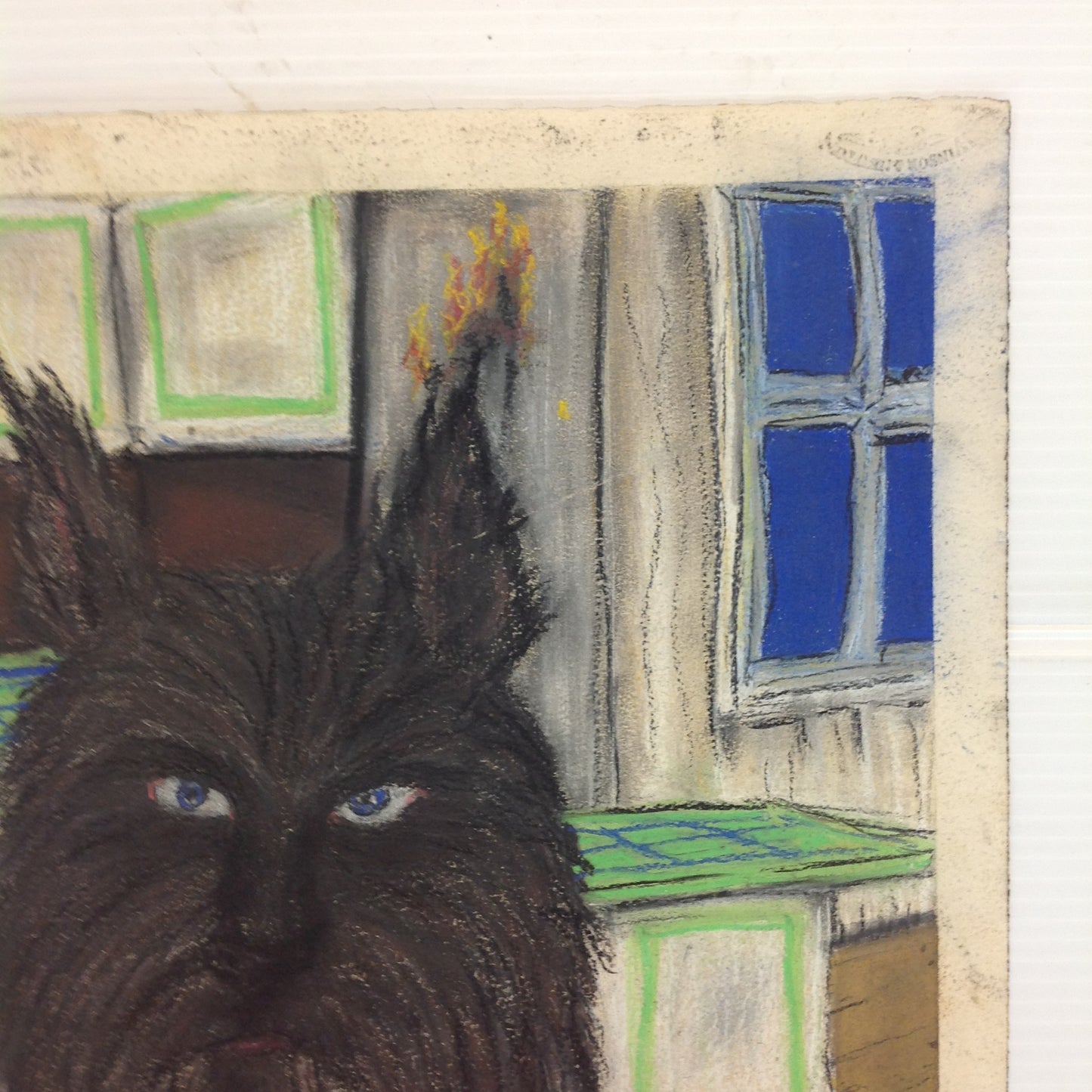 Vintage 1992 Folk Art Surruralism Pastel Drawing on Paper "Kitchenwolf" Retlaw