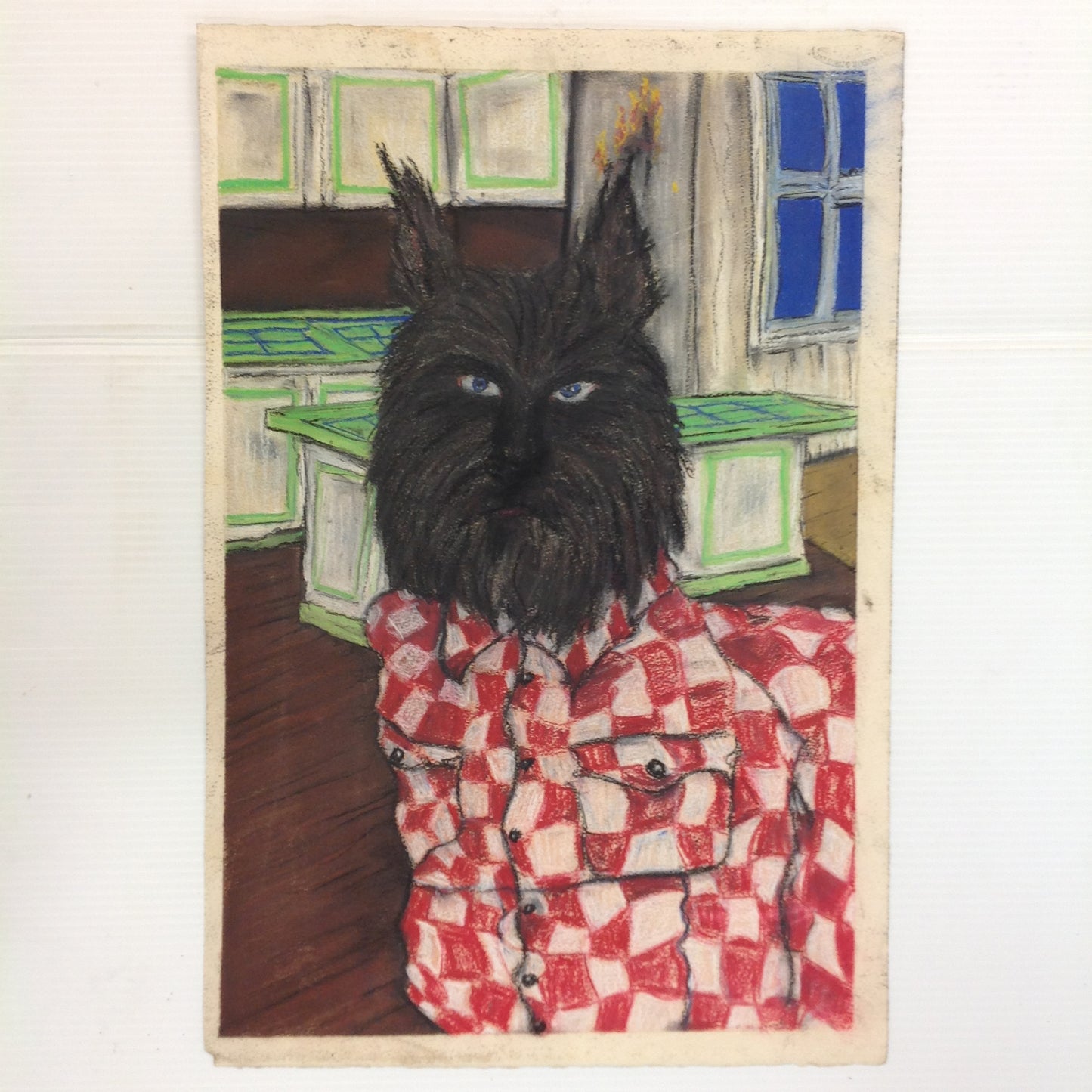 Vintage 1992 Folk Art Surruralism Pastel Drawing on Paper "Kitchenwolf" Retlaw