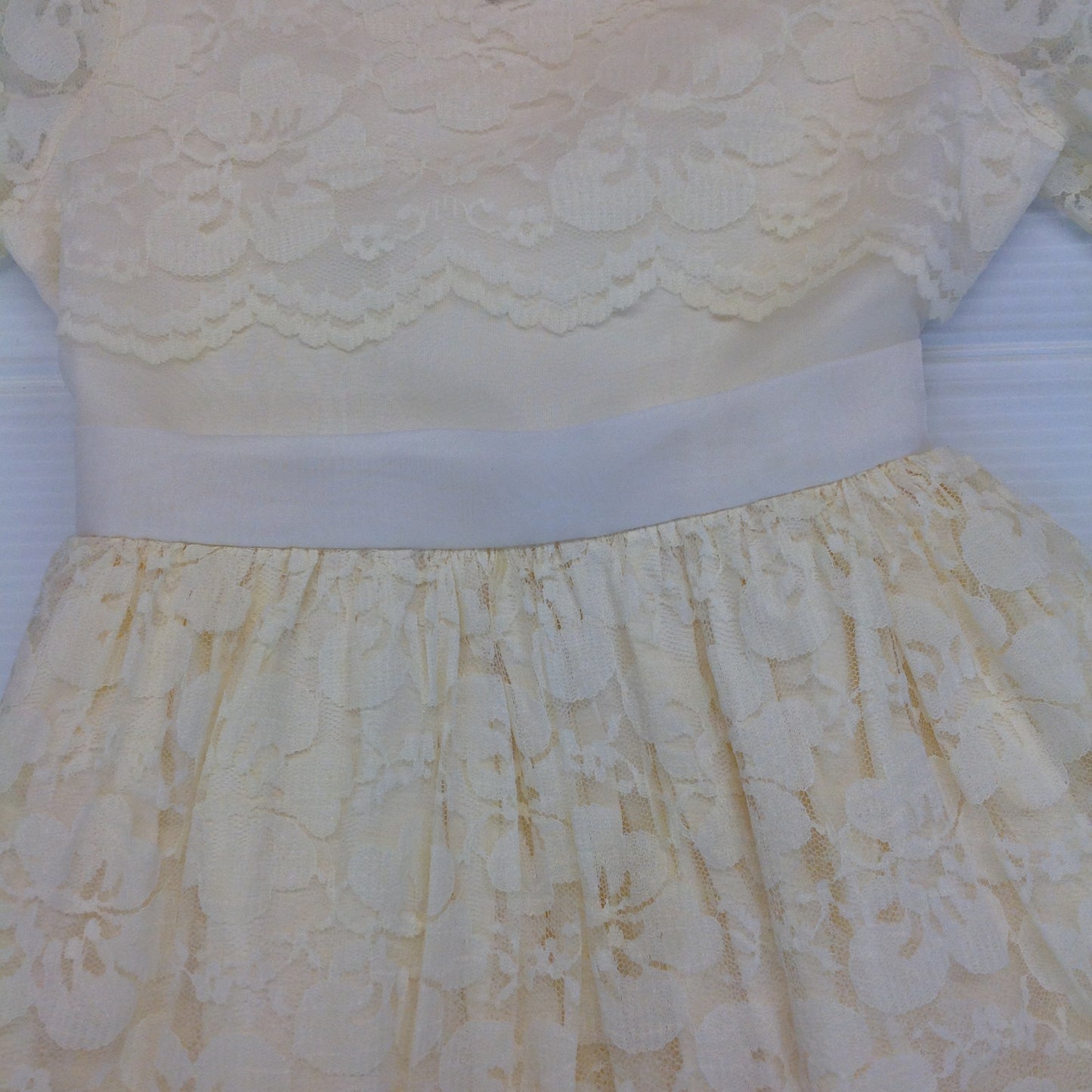 Vintage 1980's Girls White Cream Communion Dress with Beaded Cross Necklace Lace