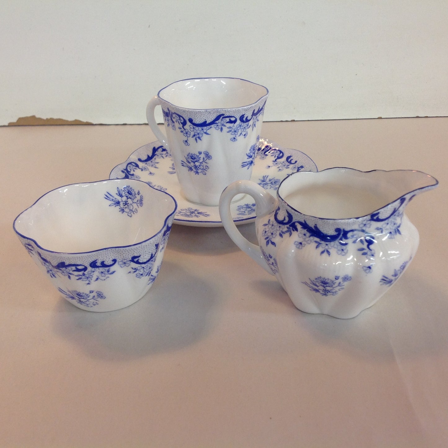 Antique Shelley Heavenly Blue 4 Piece Tea Set Cup Saucer Creamer Sugar Bowl