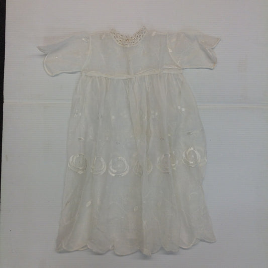 Vintage Infant Sheer White Muslin Floral Embroidered Christening Dress