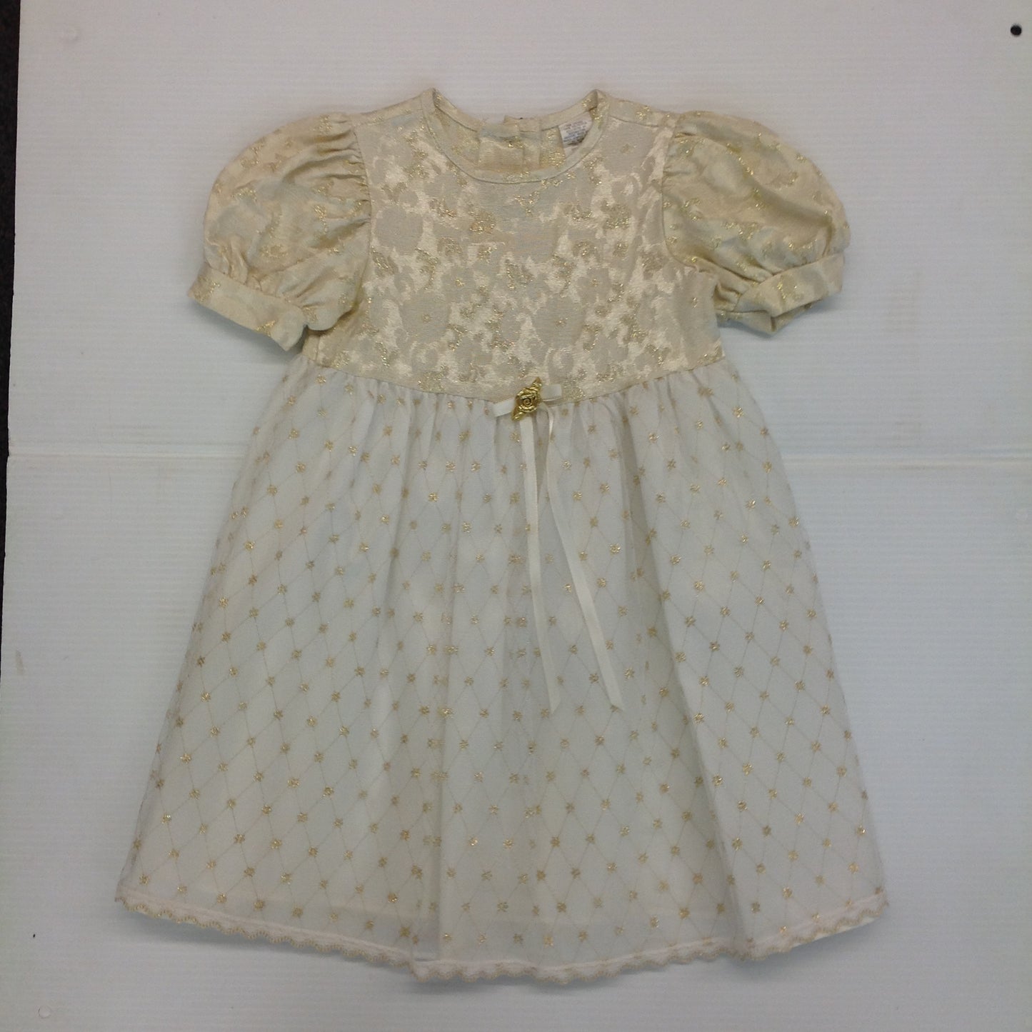 Vintage Child's Dress Cream White Gold Thread Rose Ribbon Belt