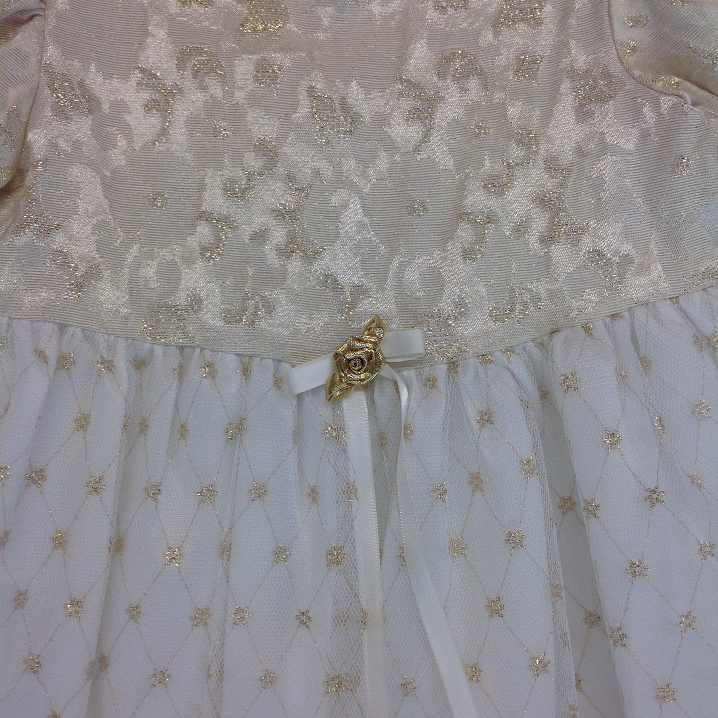 Vintage Child's Dress Cream White Gold Thread Rose Ribbon Belt