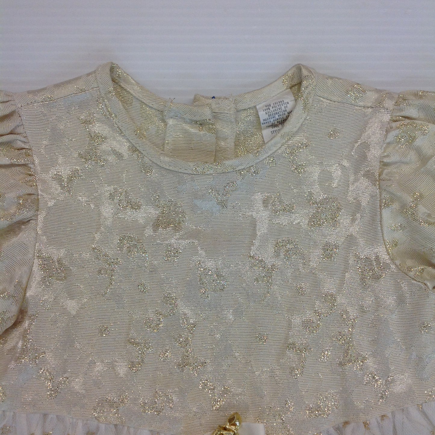 Vintage Child's Dress Cream White Gold Thread Rose Ribbon Belt