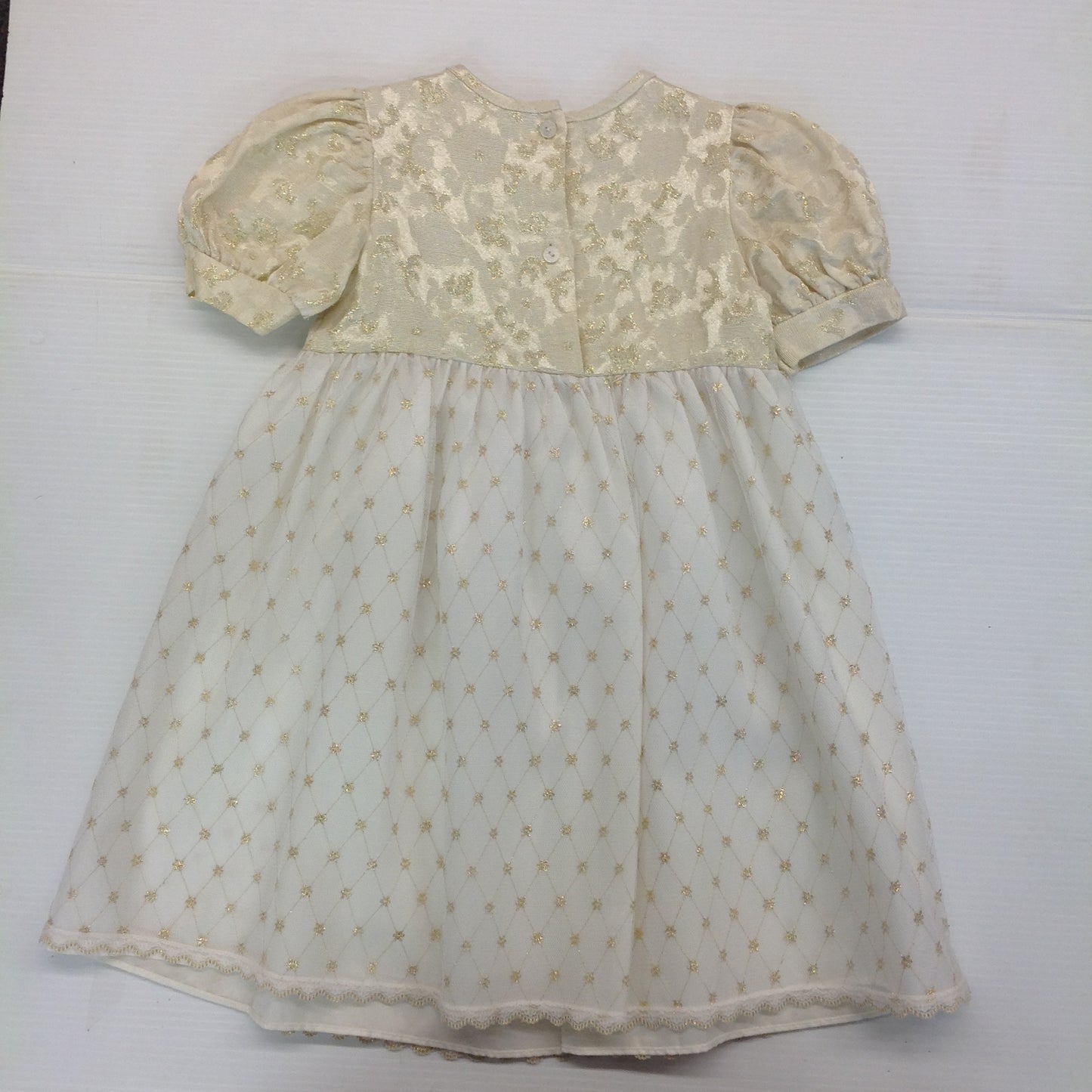 Vintage Child's Dress Cream White Gold Thread Rose Ribbon Belt