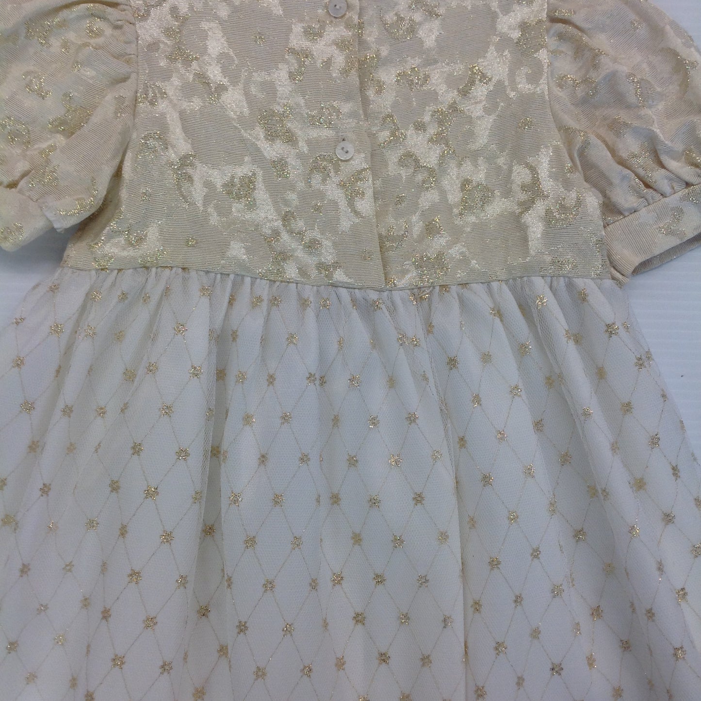 Vintage Child's Dress Cream White Gold Thread Rose Ribbon Belt