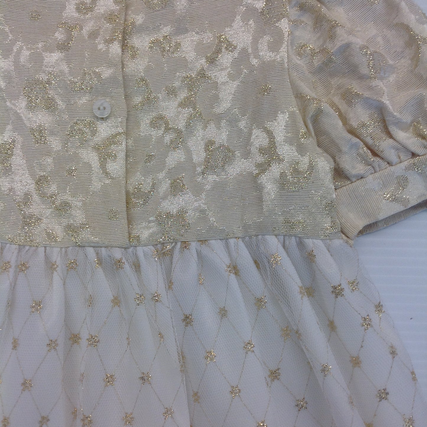 Vintage Child's Dress Cream White Gold Thread Rose Ribbon Belt