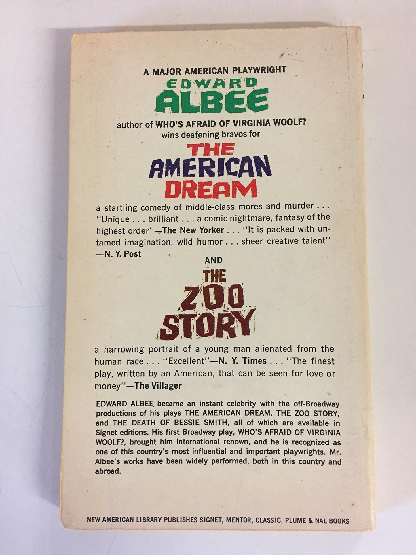 Vintage 1961 Mass Market Paperback Two Plays By Edward Albee The American Dream/The Zoo Story