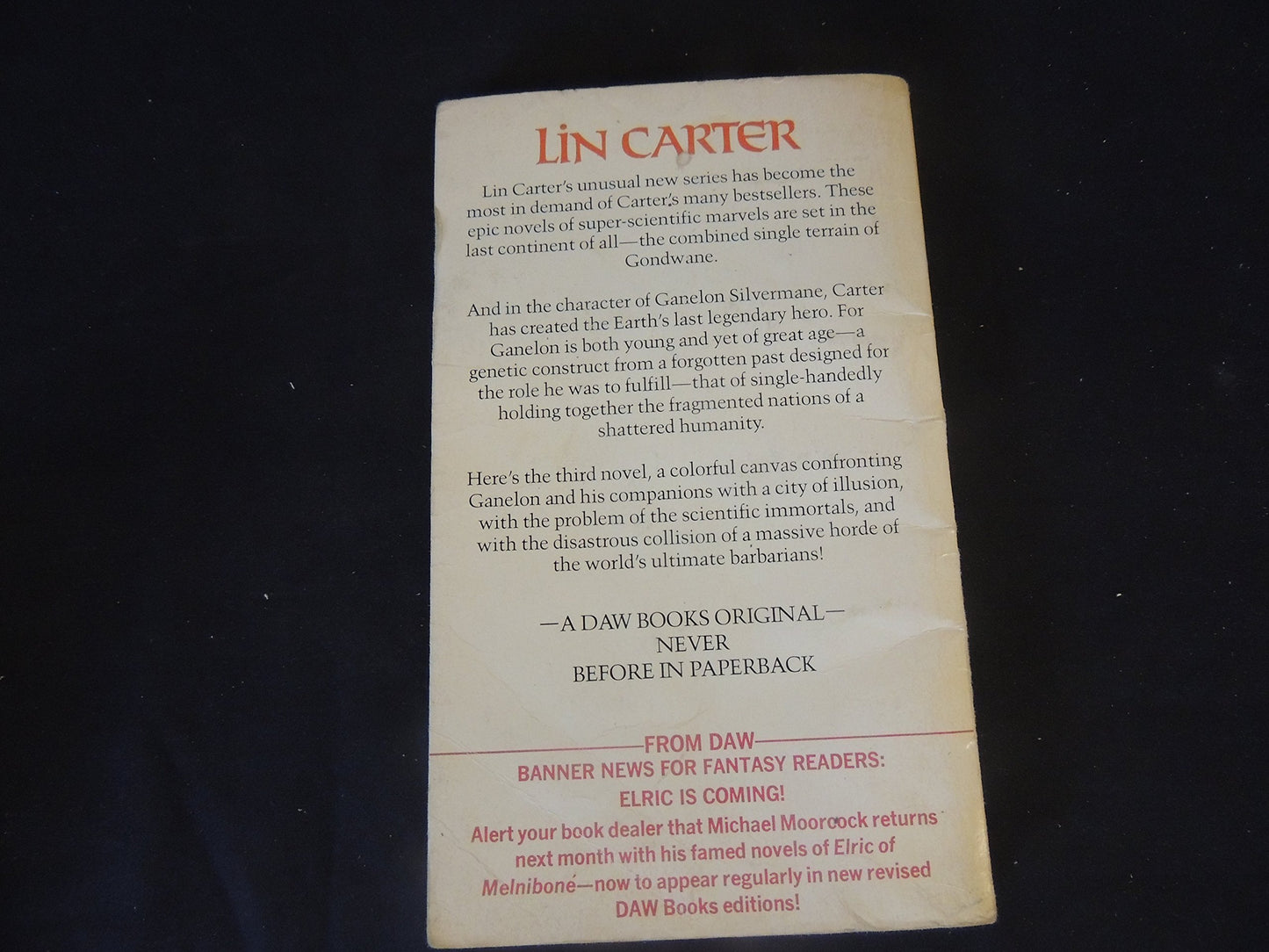 Vintage 1976 Mass Market Paperback The Immortal Of World's End: The Third Book of the Gondwane Epic Lin Carter DAW First Printing