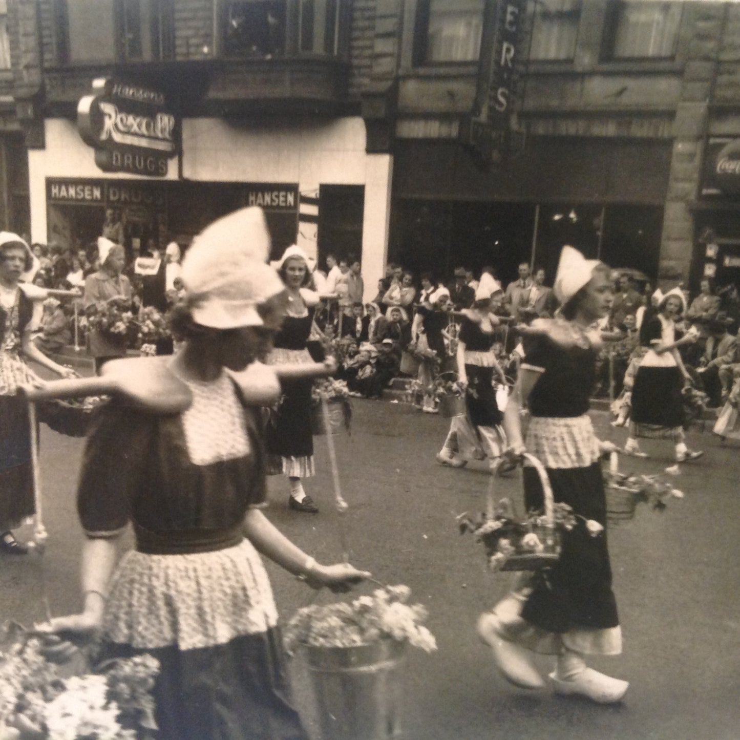Vintage Mid Century B&W Photo Holland Michigan Tulip Festival Paraders Dutch Buckets Full of Flowers
