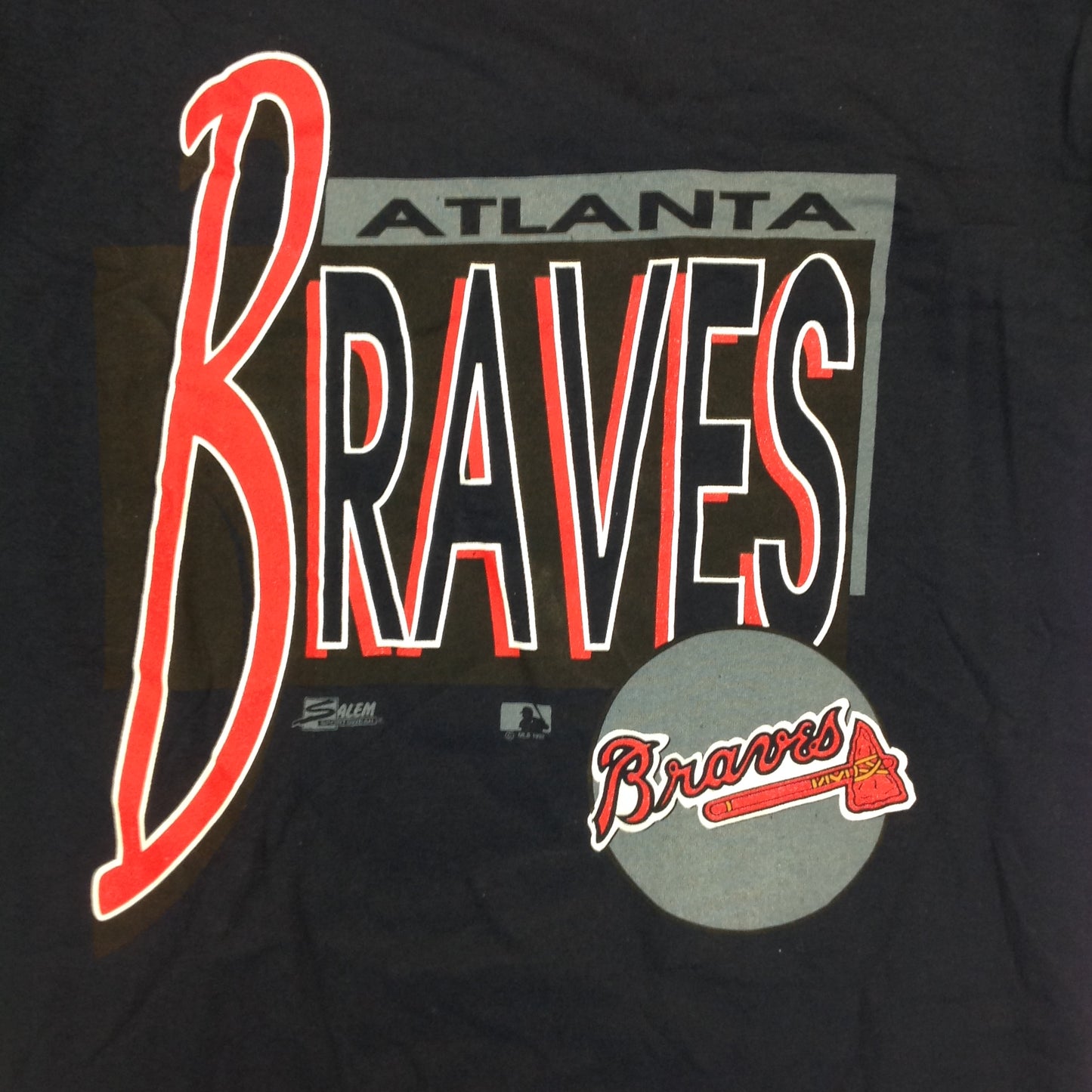 Vintage 1992 Salem Sportswear Atlanta Braves Navy Blue Double Sleeve Large T-Shirt