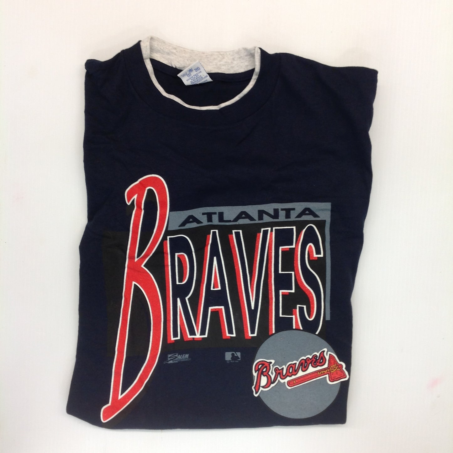 Vintage 1992 Salem Sportswear Atlanta Braves Navy Blue Double Sleeve Large T-Shirt