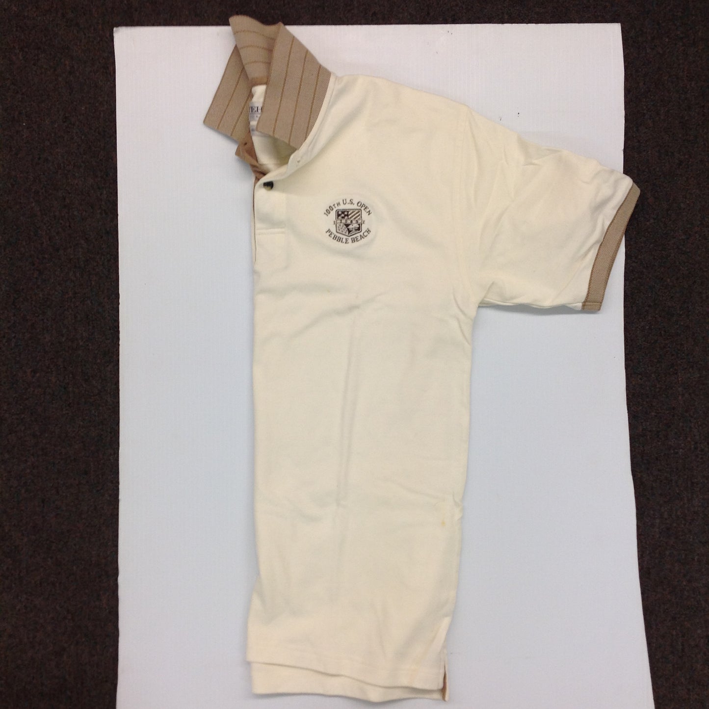 Vintage 2000 Souvenir Tehama by Clint Men's Medium Cream Combed Cotton 100th US Open Golf Tournament Pebble Beach Golf Shirt