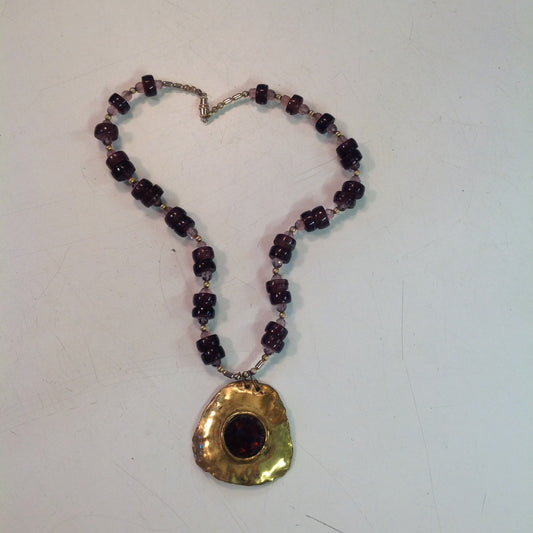 Vintage Translucent Wine Lavender Beaded Necklace with Hammered Goldtone Pendant and Violet Centerpiece