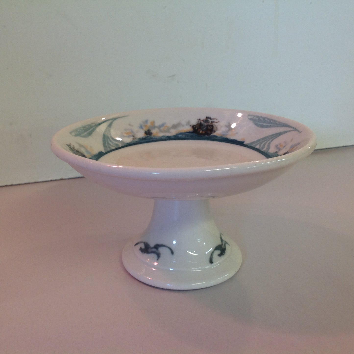 Vintage Detroit Yacht Club Restaurant Ware Sailing Galleon Ship Pattern Compote