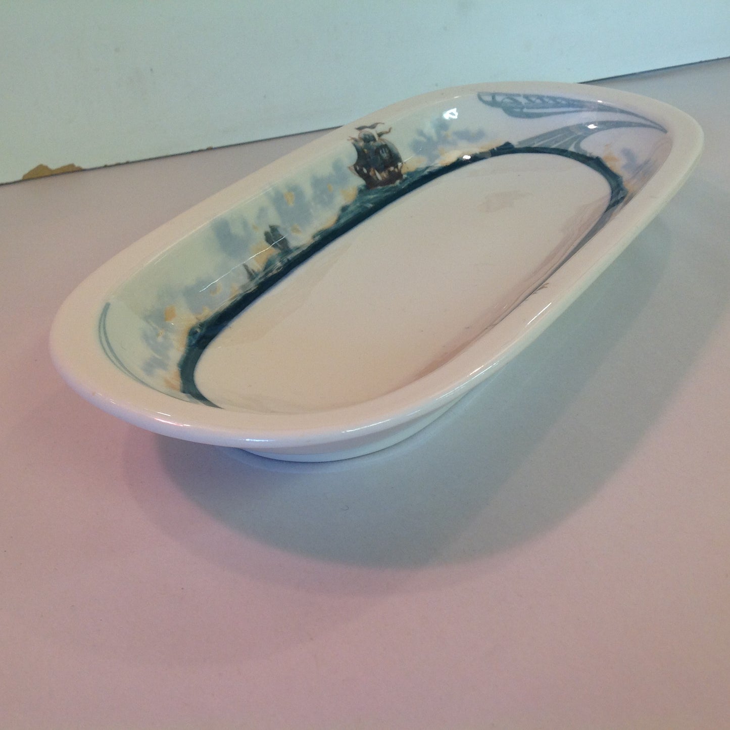 Vintage Detroit Yacht Club Restaurant Ware Sailing Galleon Ship Pattern Celery Dish