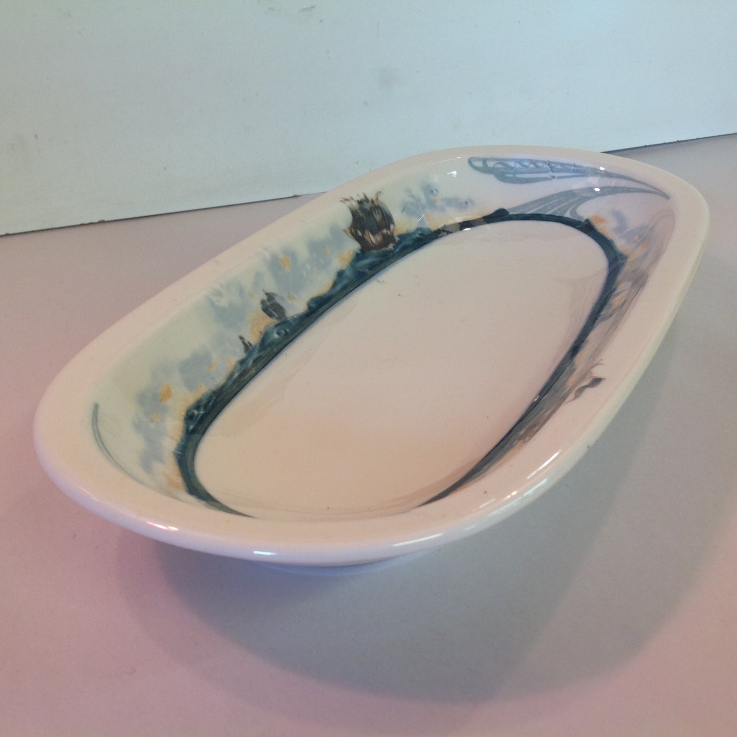 Vintage Detroit Yacht Club Restaurant Ware Sailing Galleon Ship Pattern Celery Dish