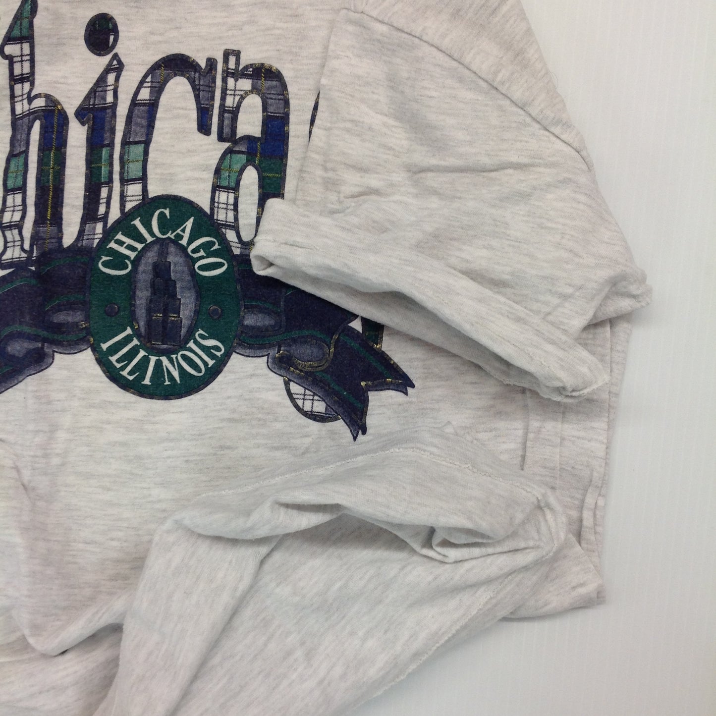 Vintage 1990's Hanes Beefy-T Souvenir Gray Men's Medium Short Sleeve Blue-Green Plaid Chicago Illinois