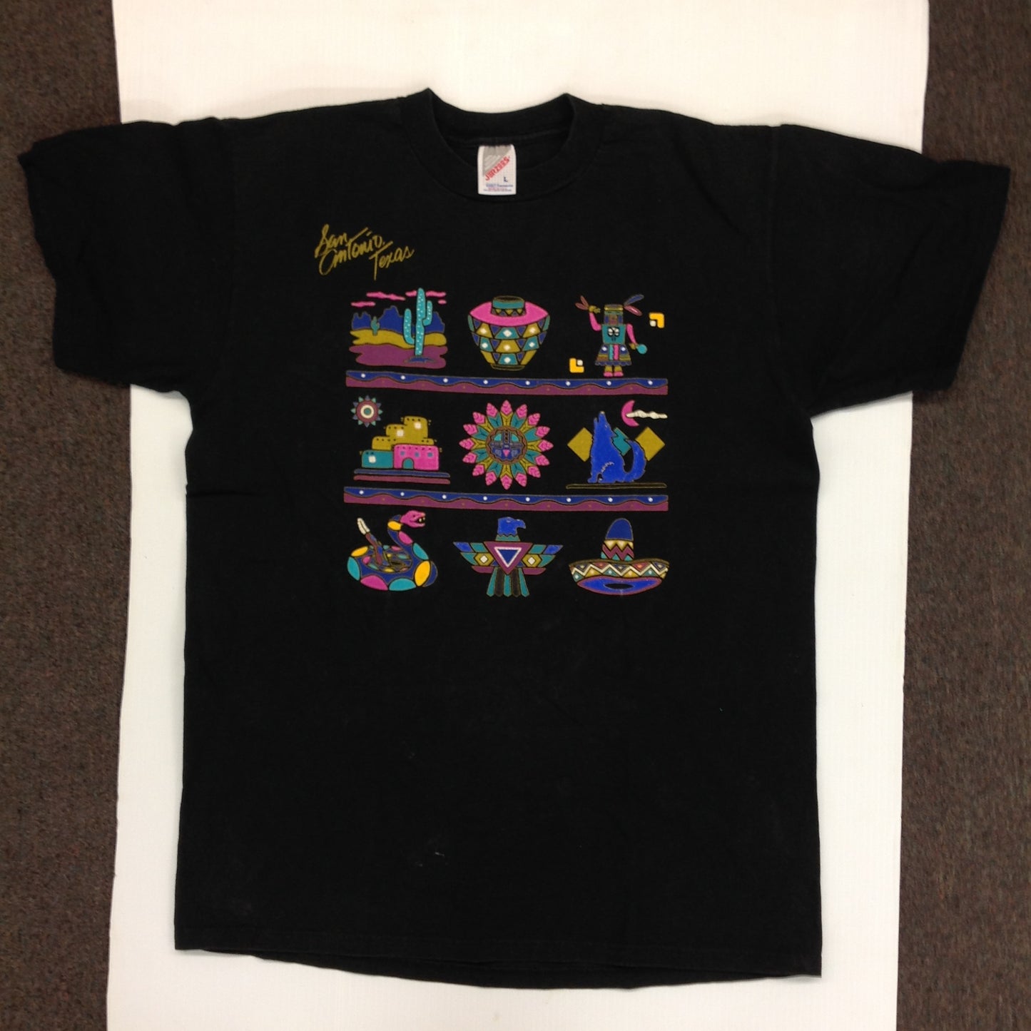 Vintage 1990's Jerzees Preshrunk Cotton Adult Large Short-Sleeve Black Hot Pastel Southwest Graphics San Antonio Texas