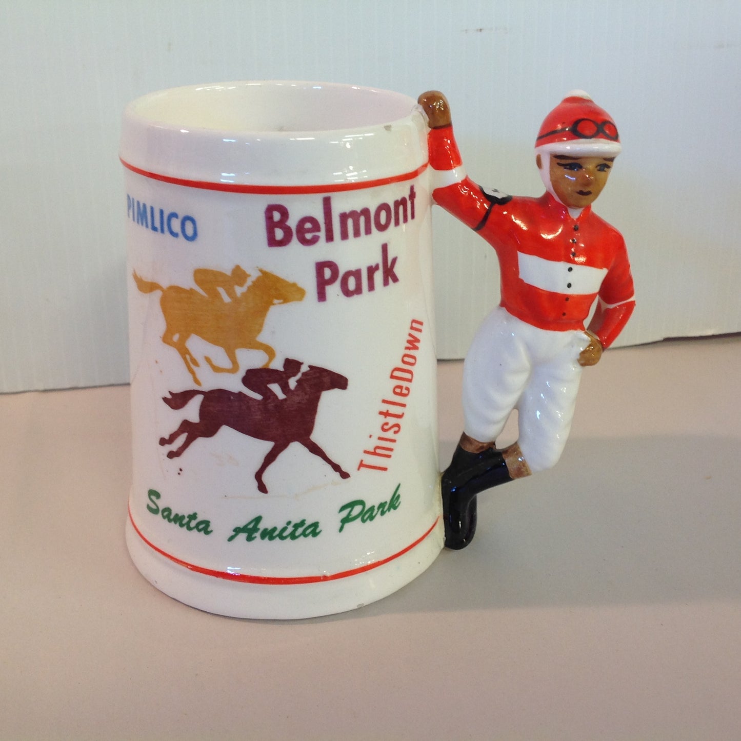 Vintage Souvenir Porcelain Horse Racing Mug Red Jockey #1 Race Parks Logos