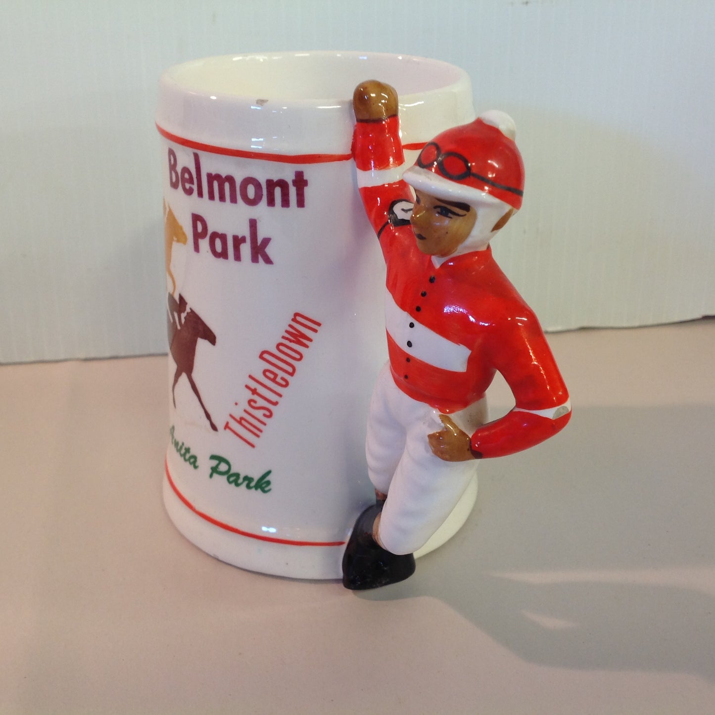 Vintage Souvenir Porcelain Horse Racing Mug Red Jockey #1 Race Parks Logos