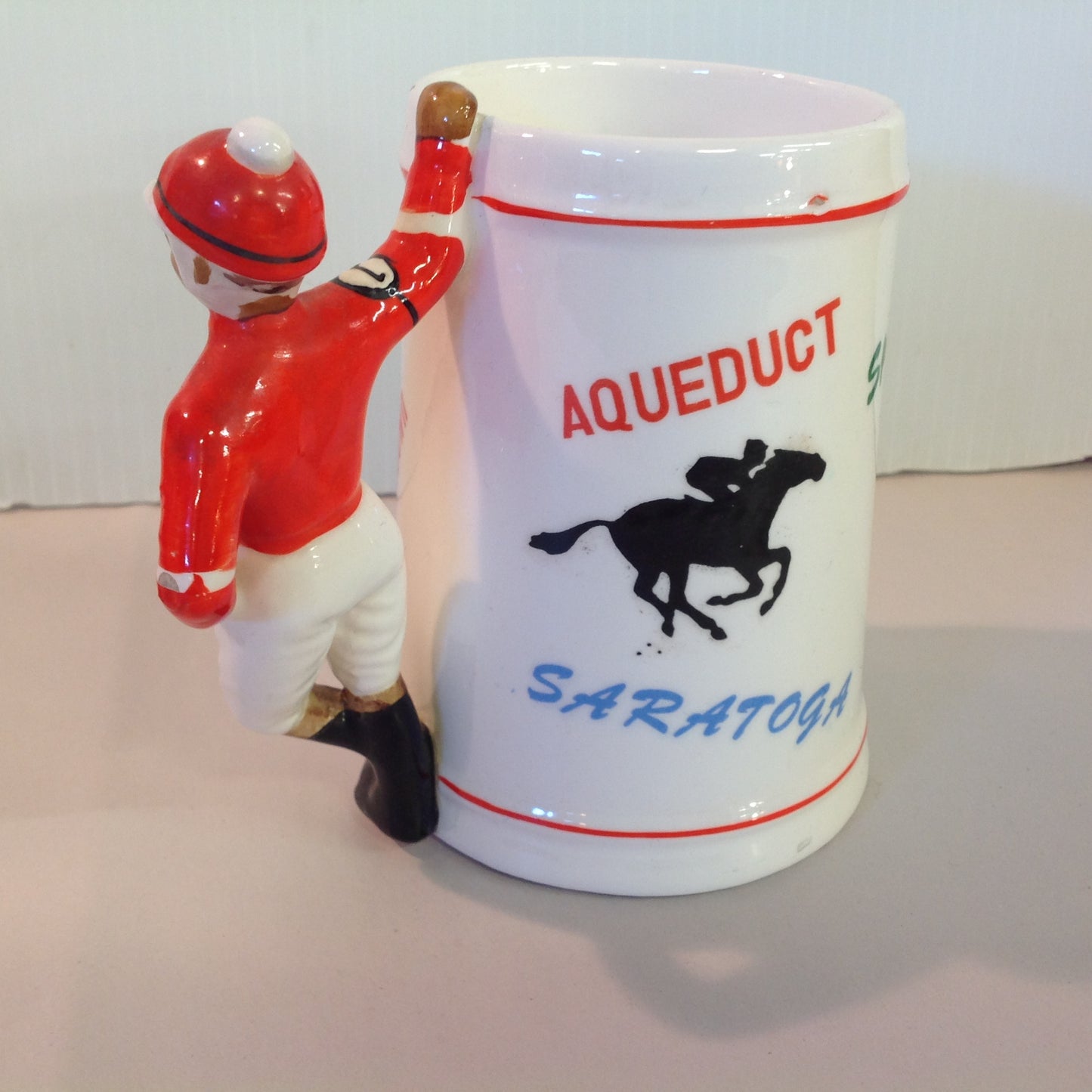 Vintage Souvenir Porcelain Horse Racing Mug Red Jockey #1 Race Parks Logos