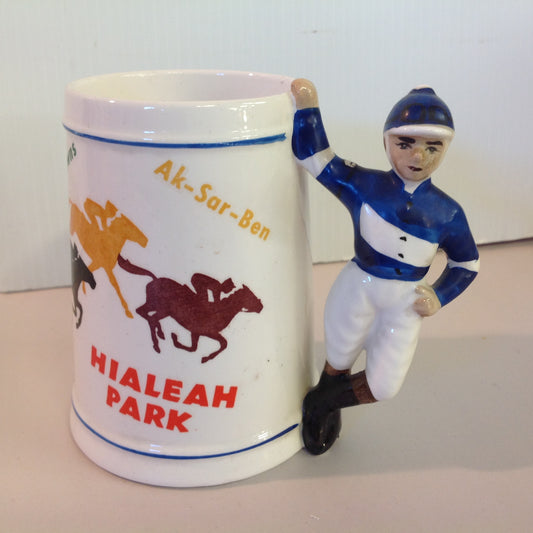 Vintage Souvenir Porcelain Horse Racing Mug Blue Jockey #4 Race Parks Logos