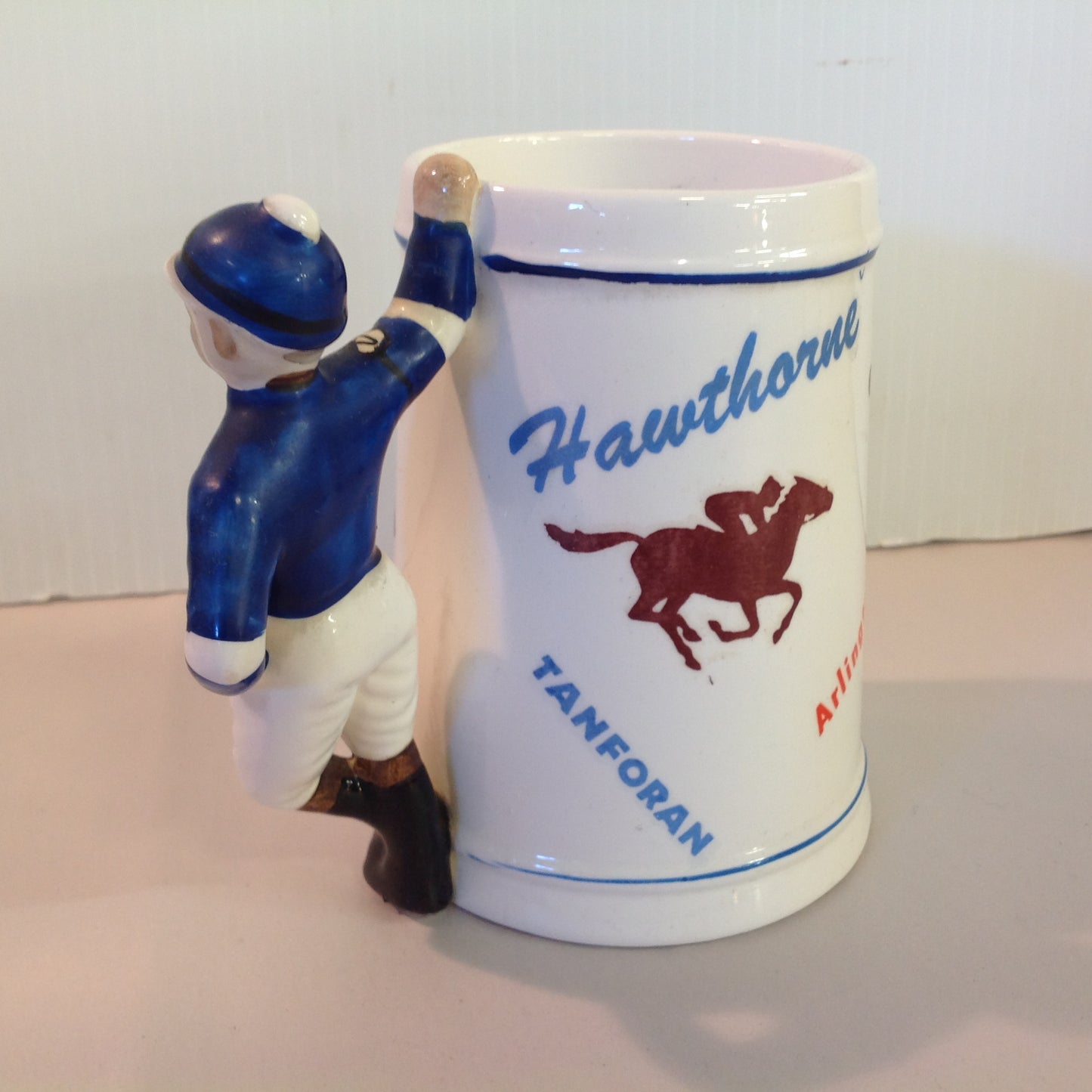 Vintage Souvenir Porcelain Horse Racing Mug Blue Jockey #4 Race Parks Logos
