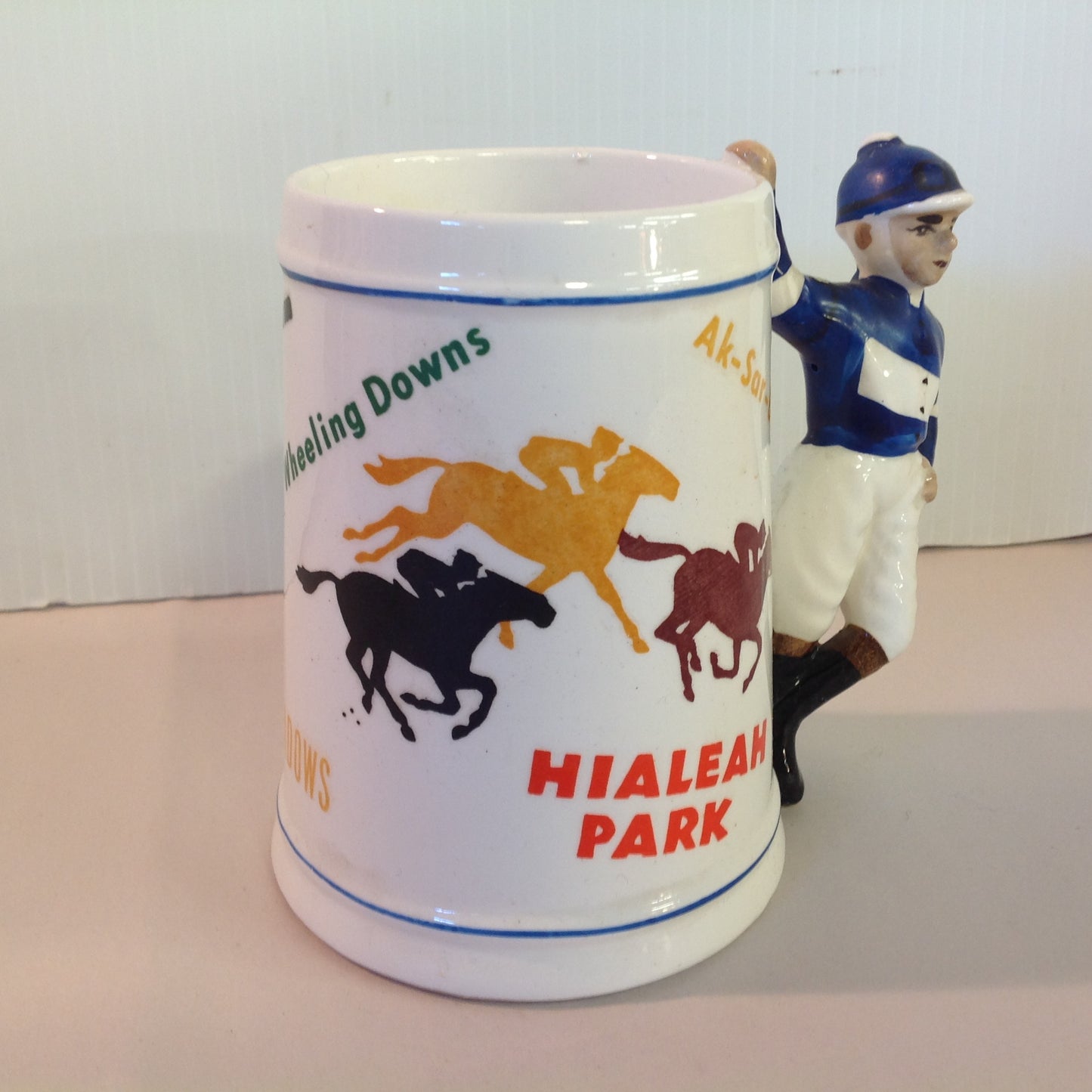 Vintage Souvenir Porcelain Horse Racing Mug Blue Jockey #4 Race Parks Logos