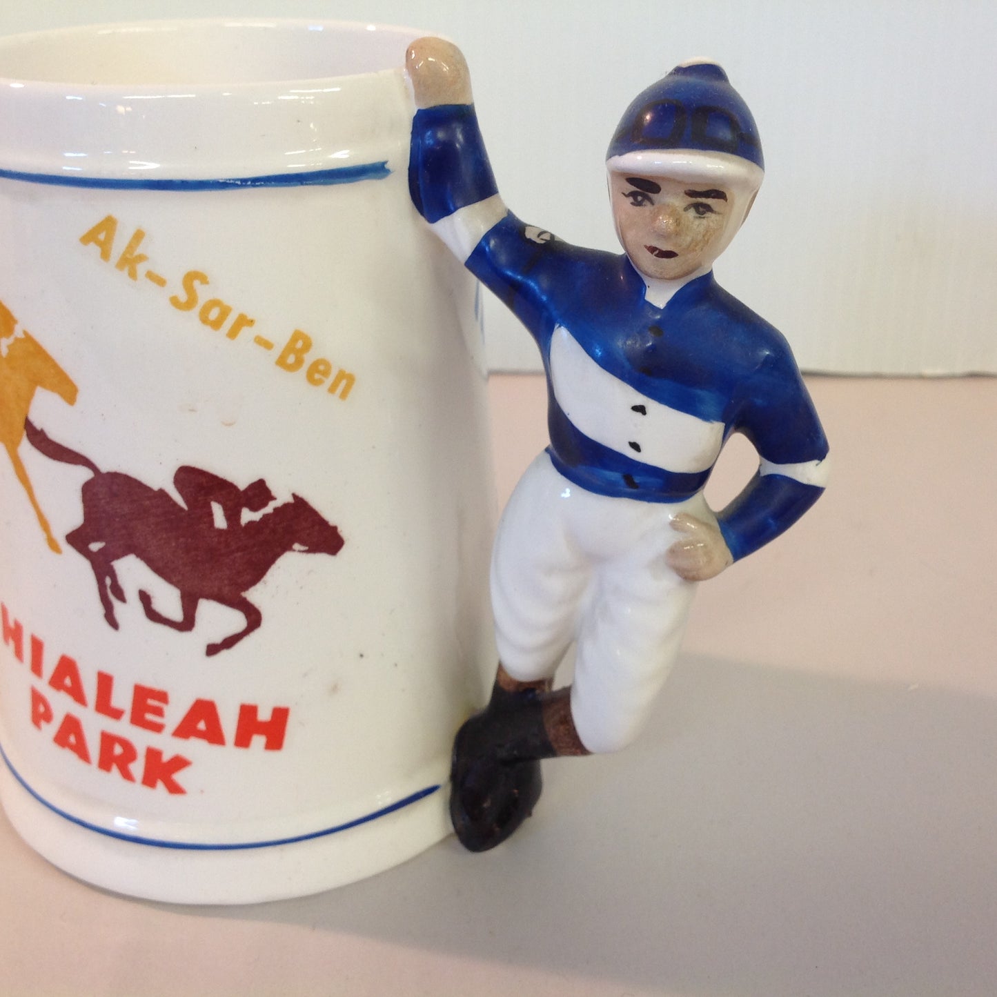 Vintage Souvenir Porcelain Horse Racing Mug Blue Jockey #4 Race Parks Logos