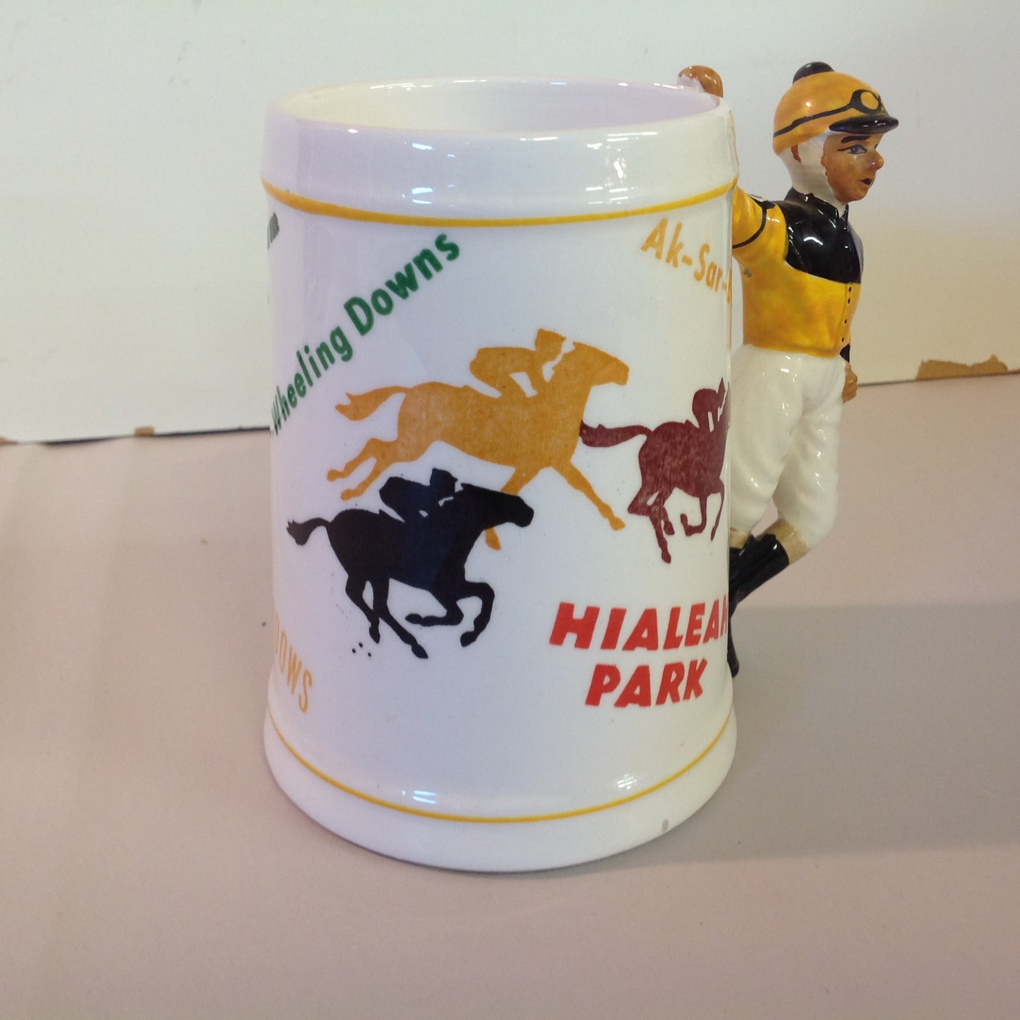 Vintage Souvenir Porcelain Horse Racing Mug Gold Jockey #3 Race Parks Logos