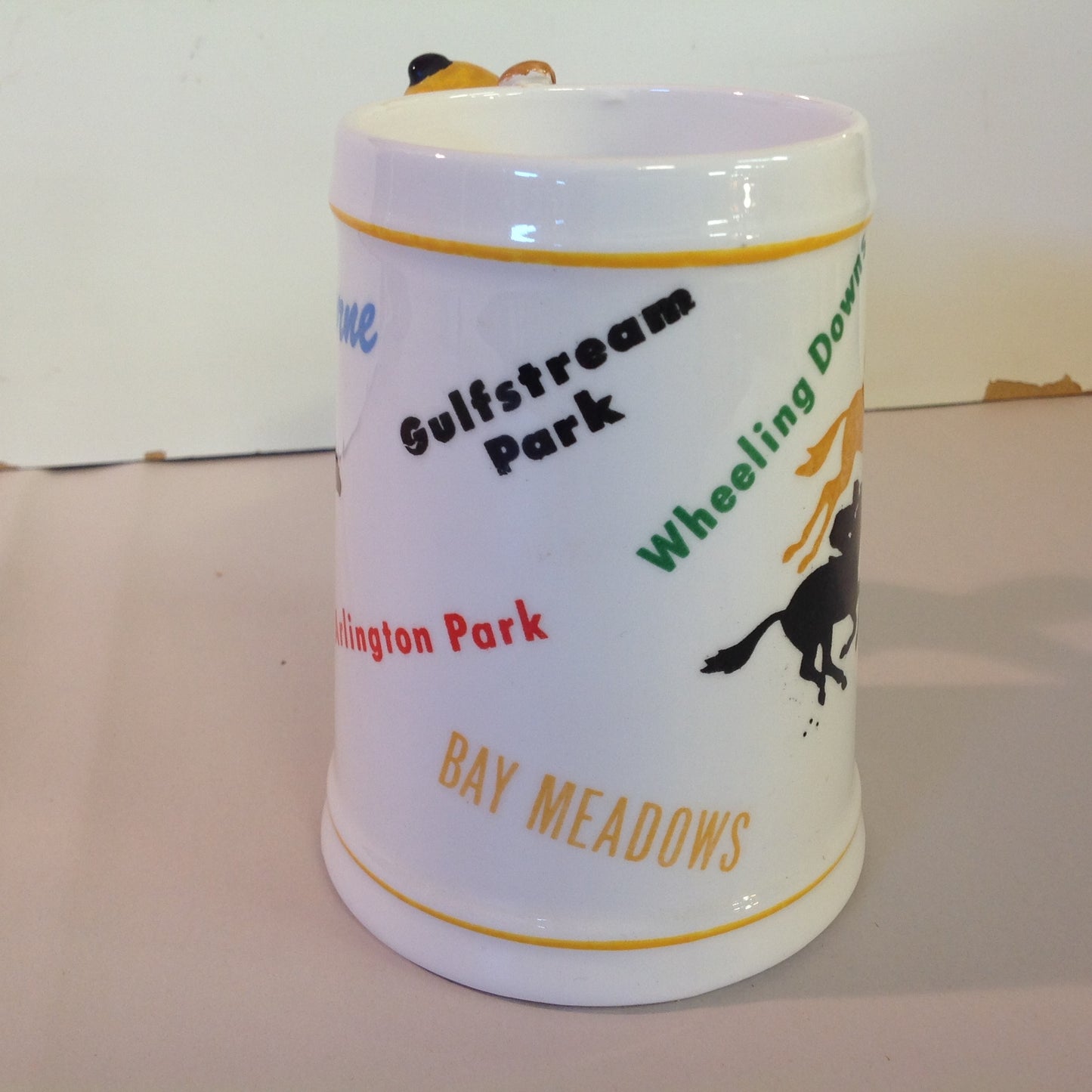 Vintage Souvenir Porcelain Horse Racing Mug Gold Jockey #3 Race Parks Logos