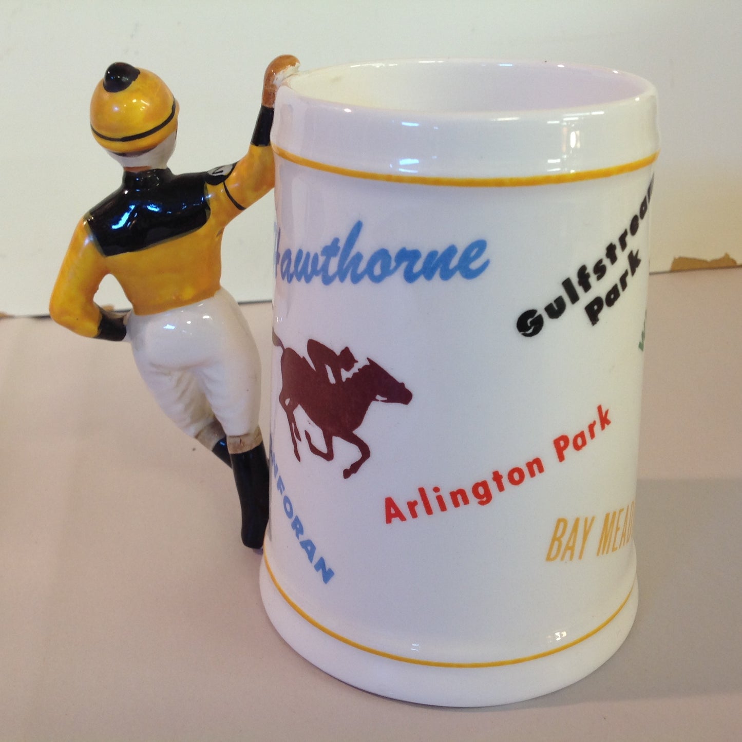 Vintage Souvenir Porcelain Horse Racing Mug Gold Jockey #3 Race Parks Logos