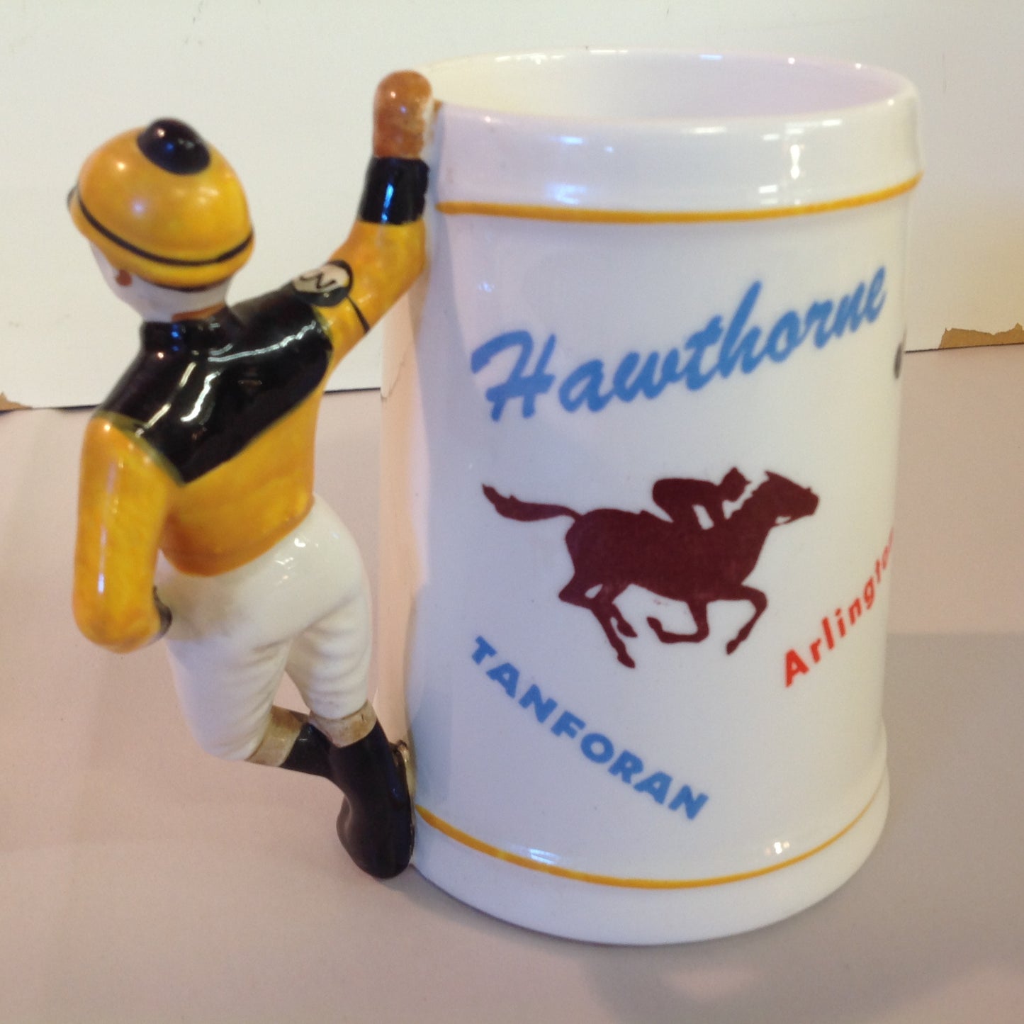 Vintage Souvenir Porcelain Horse Racing Mug Gold Jockey #3 Race Parks Logos