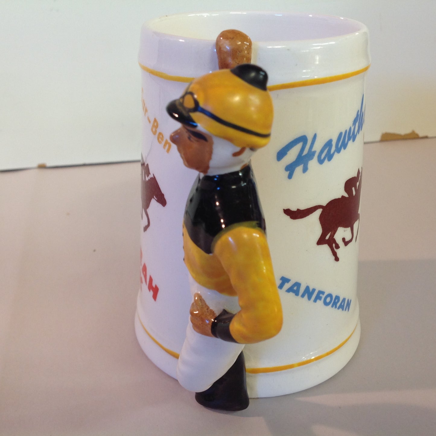 Vintage Souvenir Porcelain Horse Racing Mug Gold Jockey #3 Race Parks Logos
