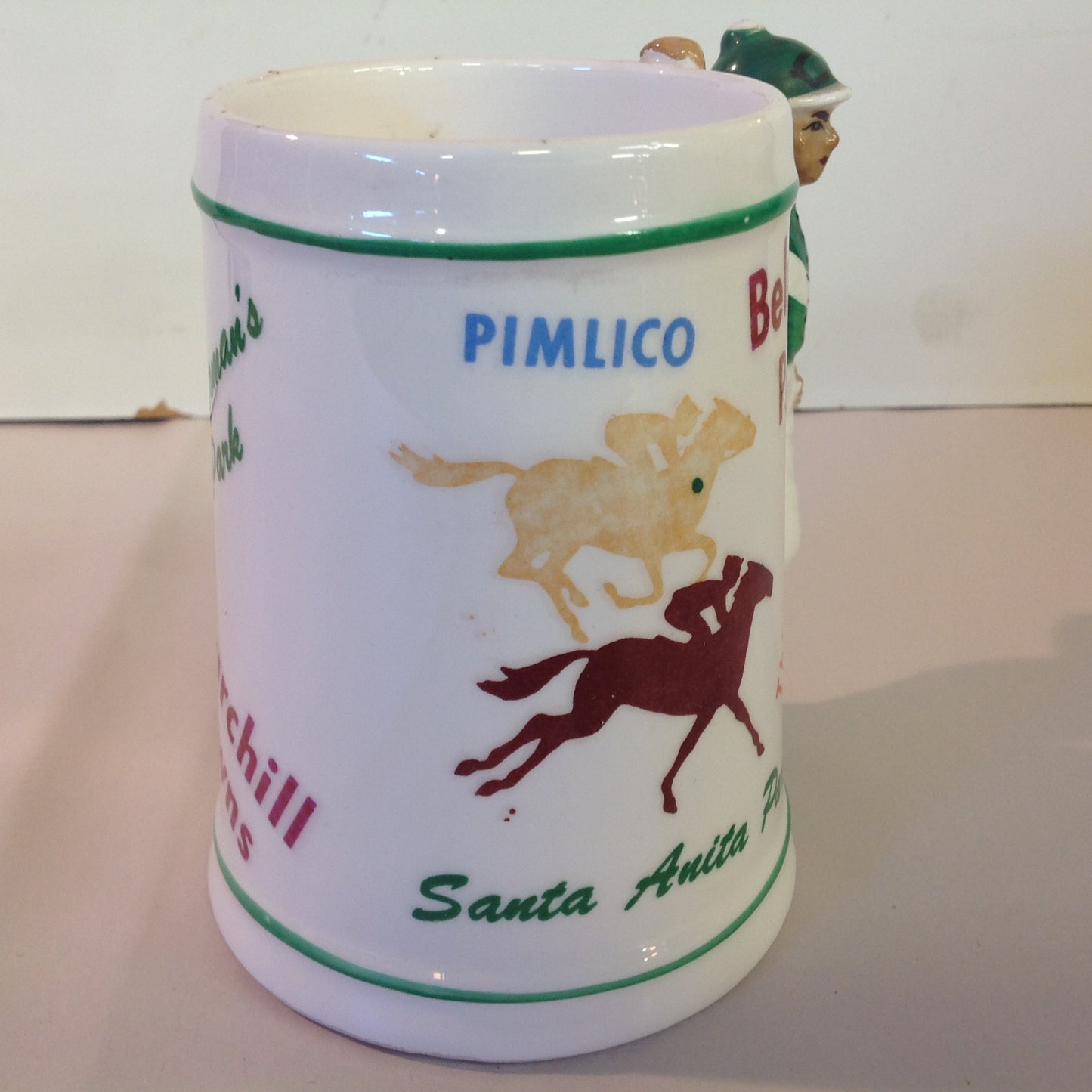 Vintage Souvenir Porcelain Horse Racing Mug Green Jockey #2 Race Parks Logos