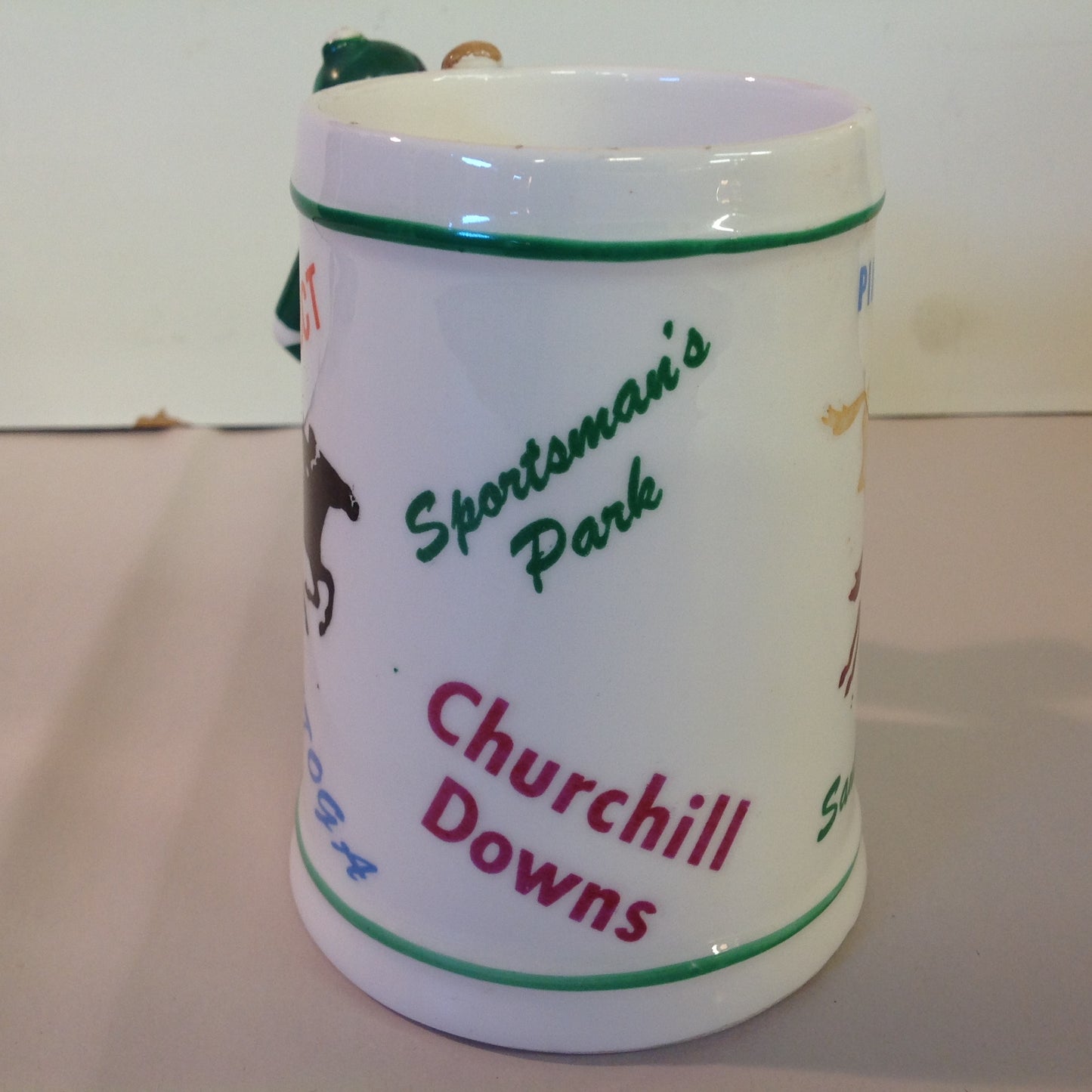 Vintage Souvenir Porcelain Horse Racing Mug Green Jockey #2 Race Parks Logos
