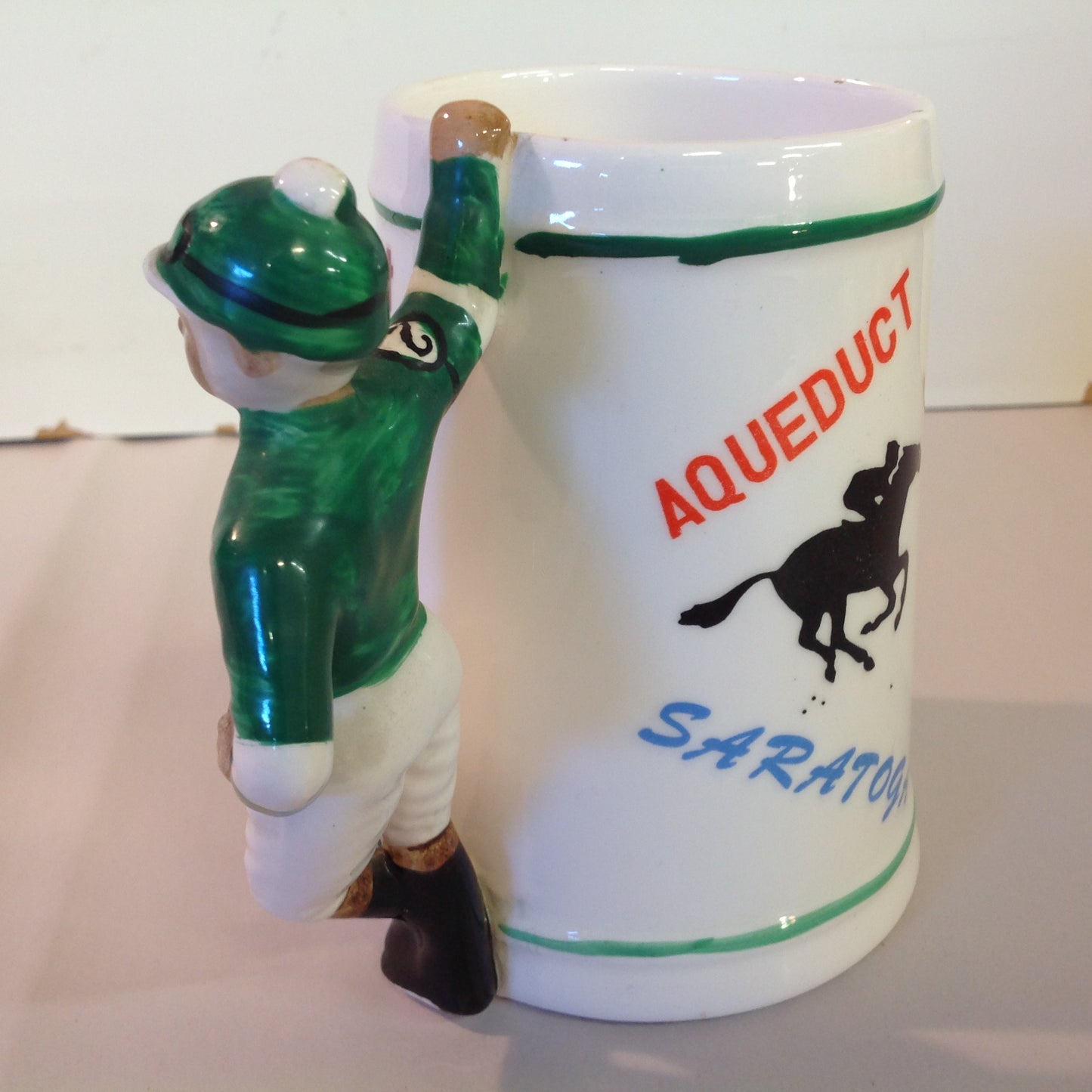 Vintage Souvenir Porcelain Horse Racing Mug Green Jockey #2 Race Parks Logos