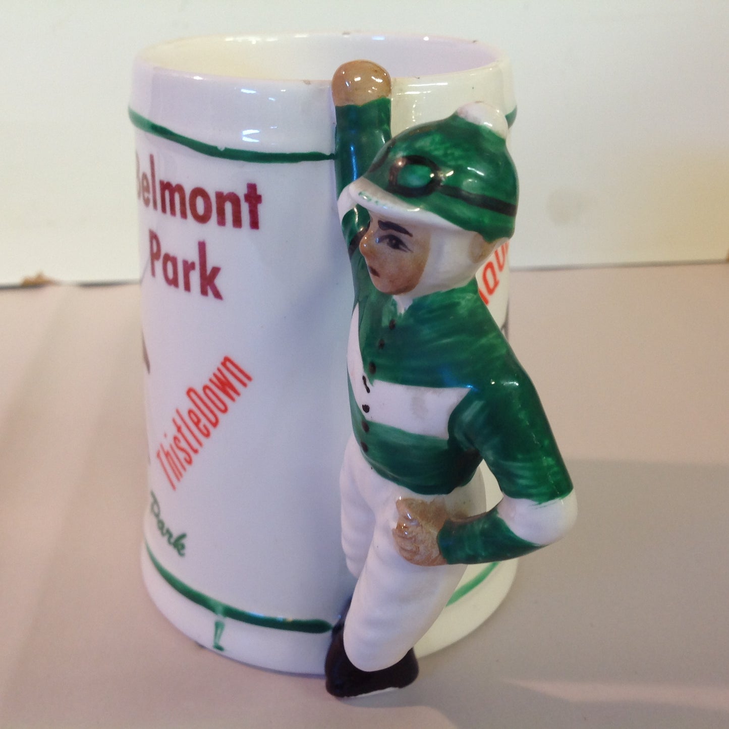 Vintage Souvenir Porcelain Horse Racing Mug Green Jockey #2 Race Parks Logos