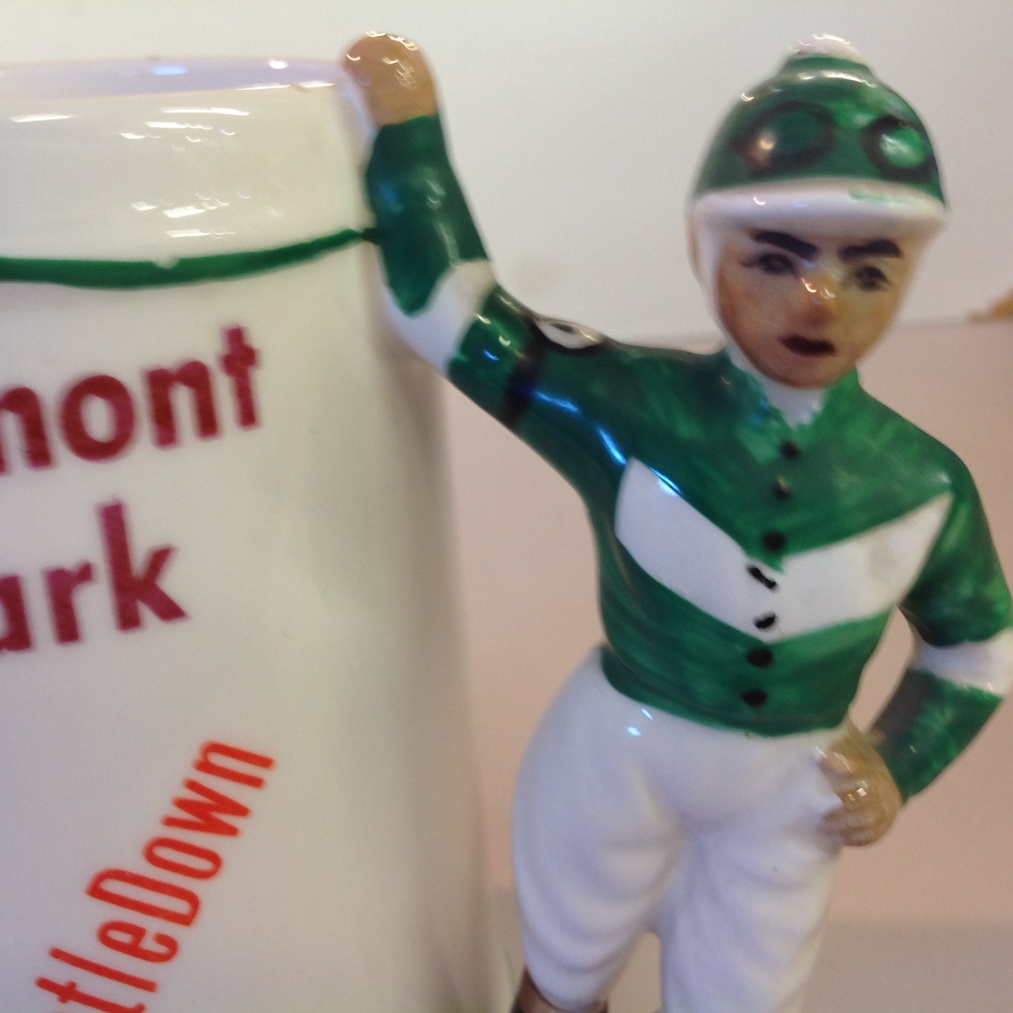 Vintage Souvenir Porcelain Horse Racing Mug Green Jockey #2 Race Parks Logos