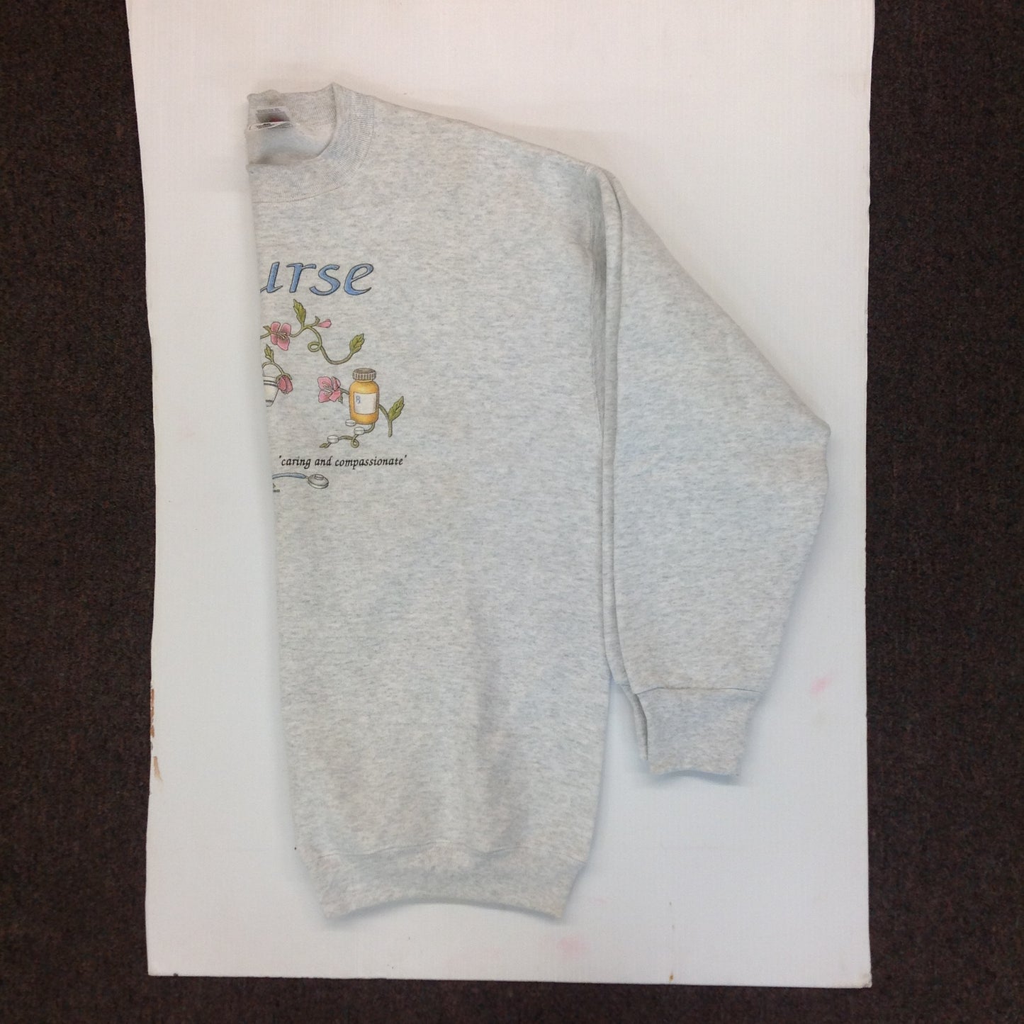 Vintage 1998 Large Gray Sweatshirt Nurse: Caring and Compassionate Floral Message NameMe Calligraphy