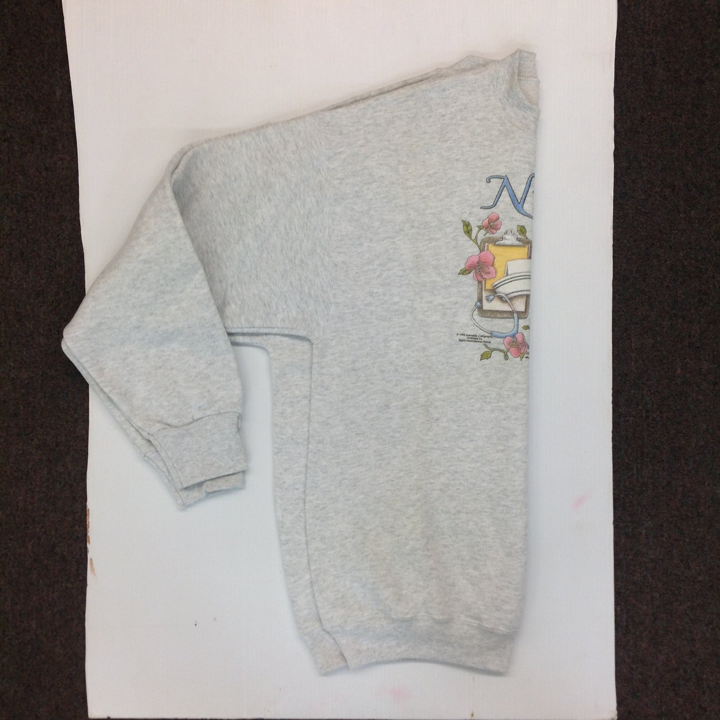 Vintage 1998 Large Gray Sweatshirt Nurse: Caring and Compassionate Floral Message NameMe Calligraphy