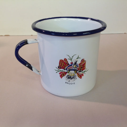 Vintage Gradi 11 ca Enamelware Whiskey Mug Scottish Clan Brodie Ballantine's Finest Scotch Whisky