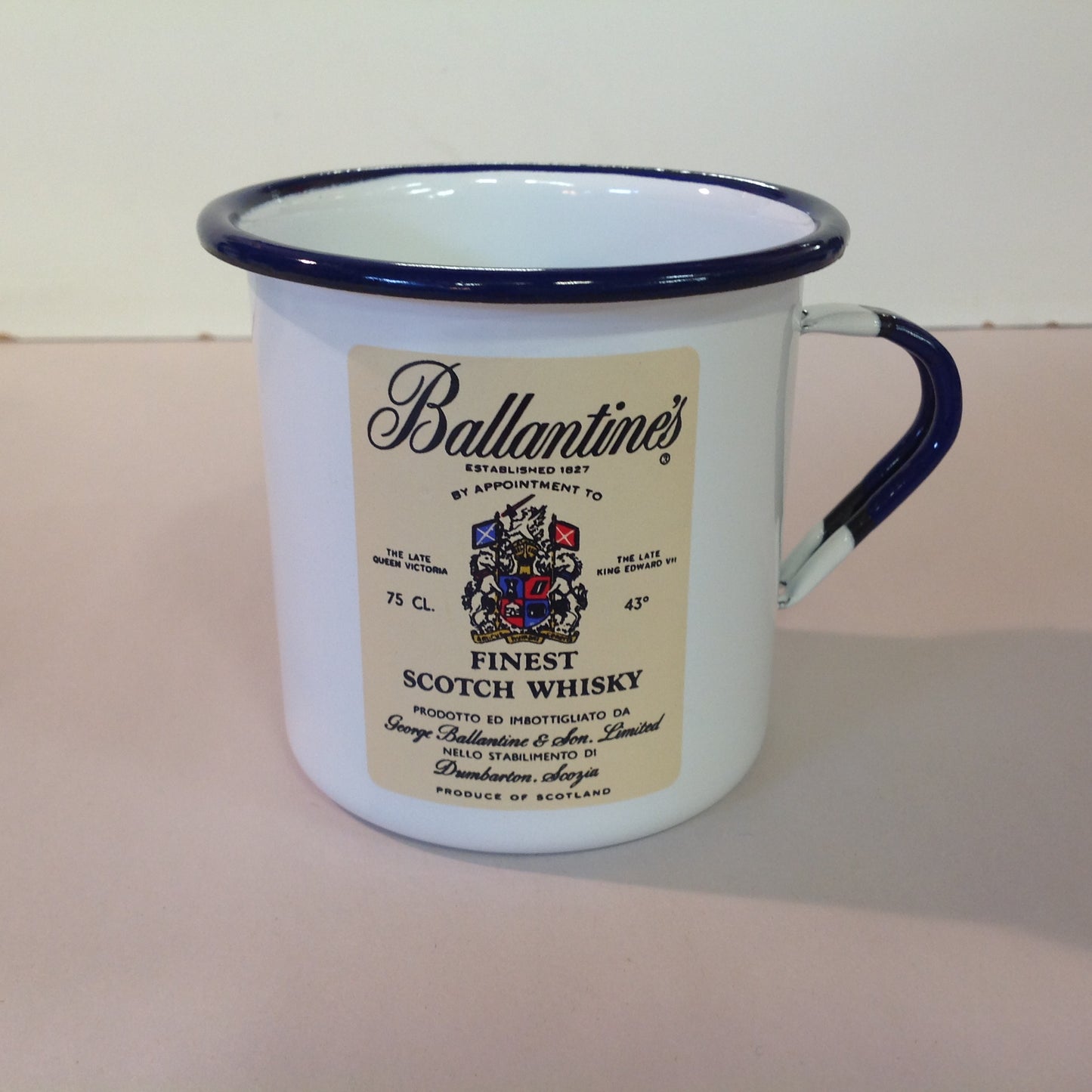 Vintage Gradi 11 ca Enamelware Whiskey Mug Scottish Clan Brodie Ballantine's Finest Scotch Whisky