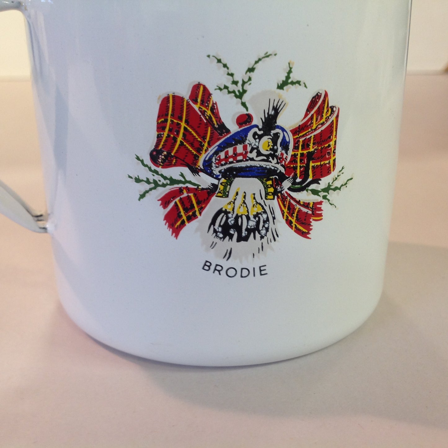 Vintage Gradi 11 ca Enamelware Whiskey Mug Scottish Clan Brodie Ballantine's Finest Scotch Whisky