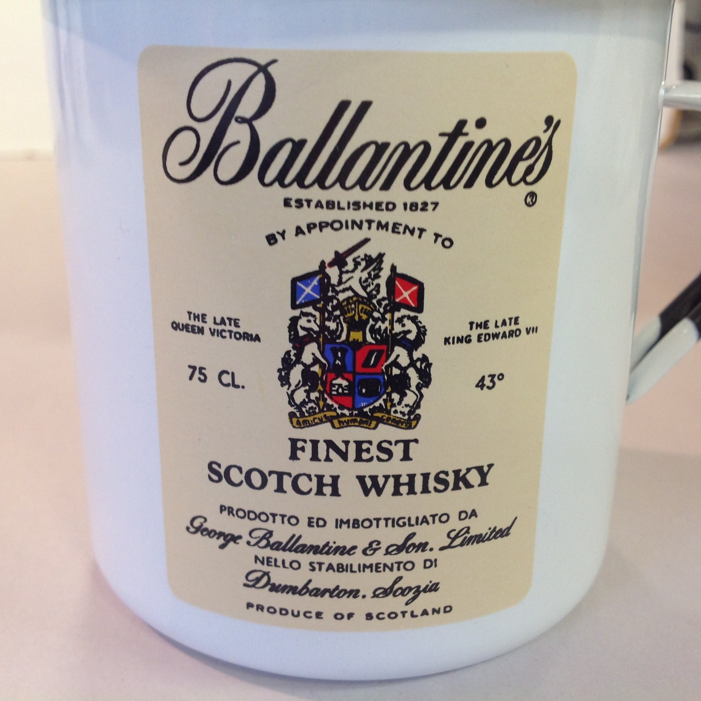 Vintage Gradi 11 ca Enamelware Whiskey Mug Scottish Clan Brodie Ballantine's Finest Scotch Whisky