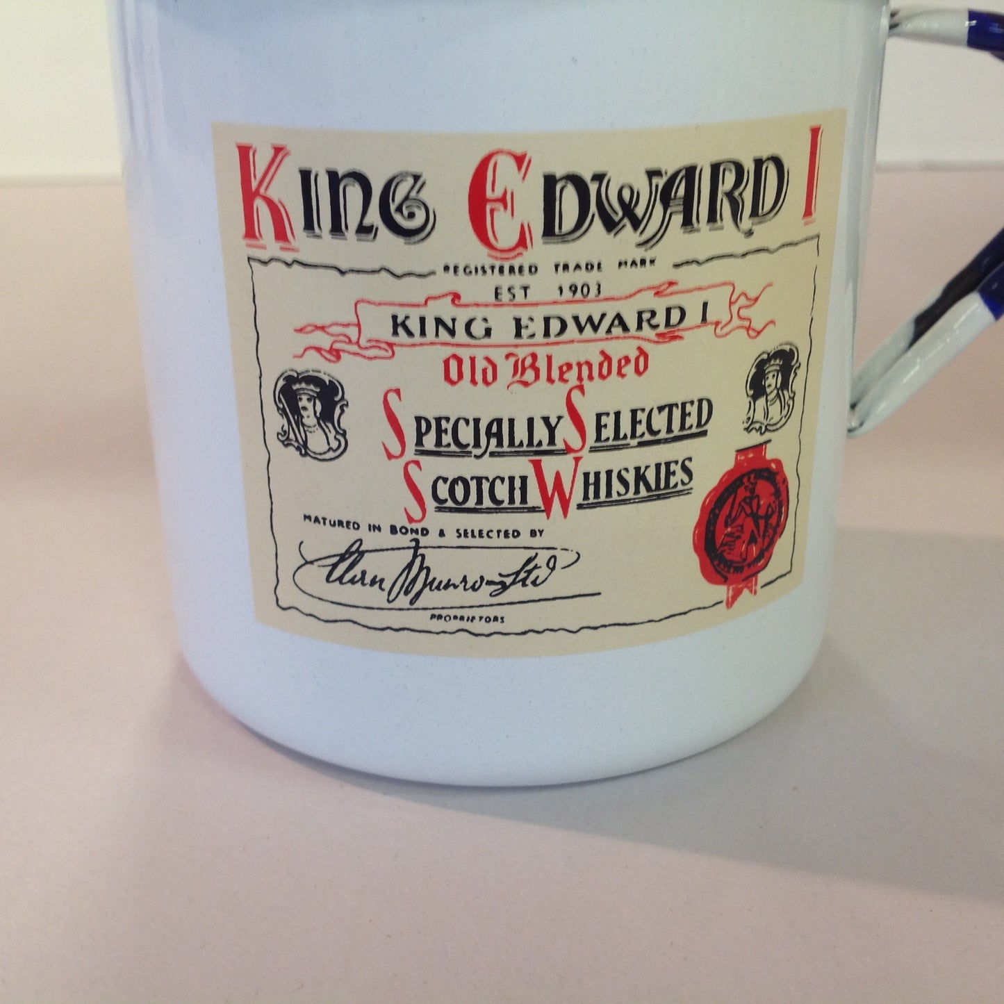 Vintage Gradi 11 ca Enamelware Whiskey Mug Scottish Clan Gordon King Edward Old Blended Scotch Whiskies