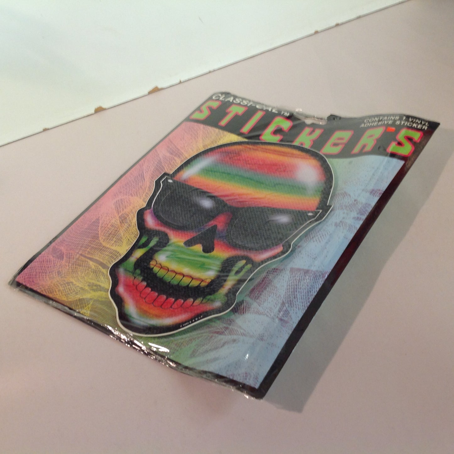 Vintage 1990's NOS Classi-Cal Vinyl Adhesive Sticker Rainbow Striped Skull Ray Bans Shades