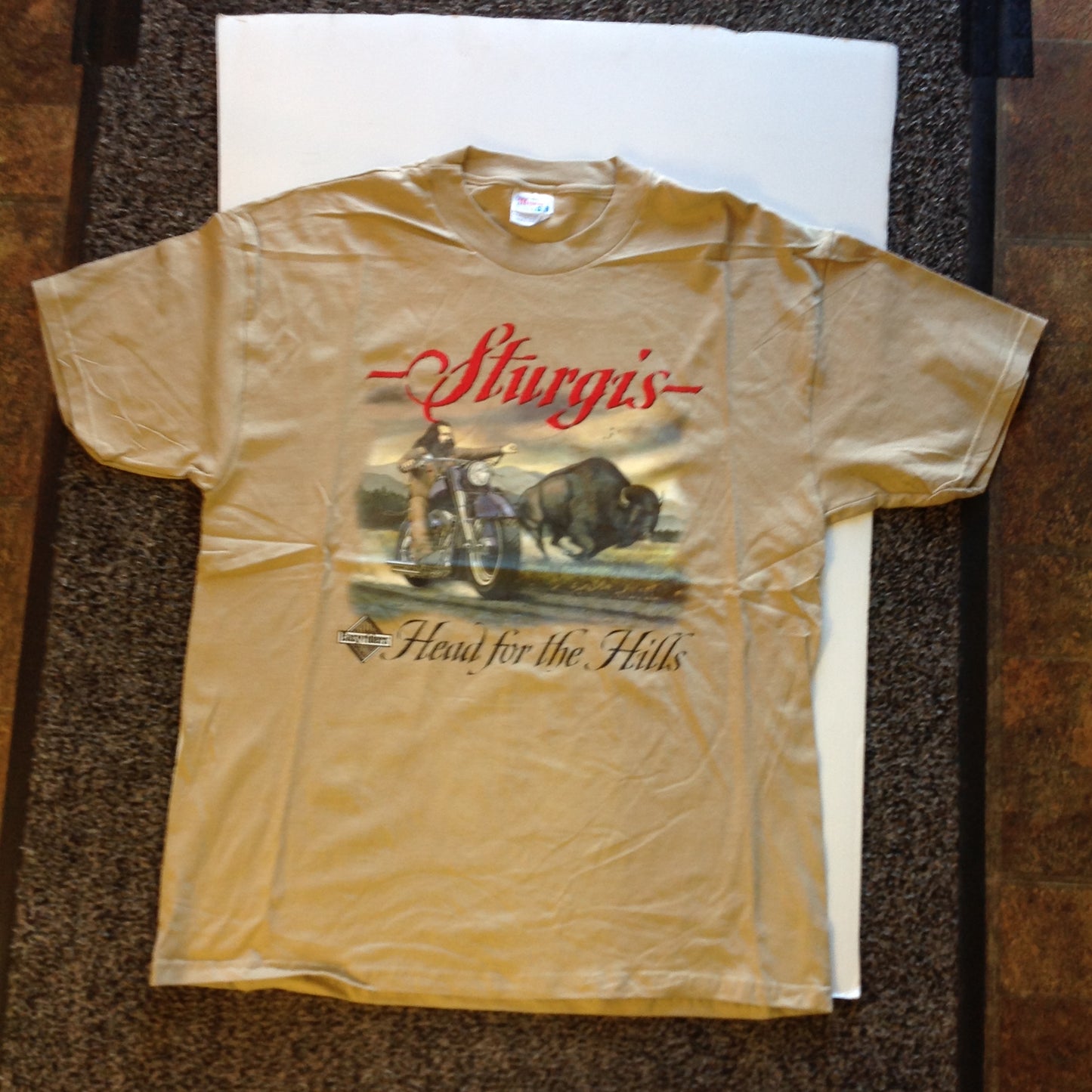 Vintage Easyriders Cycle Magazine XL (46-48) Tan Sturgis T-Shirt Head for the Hills Bison Bearded Biker